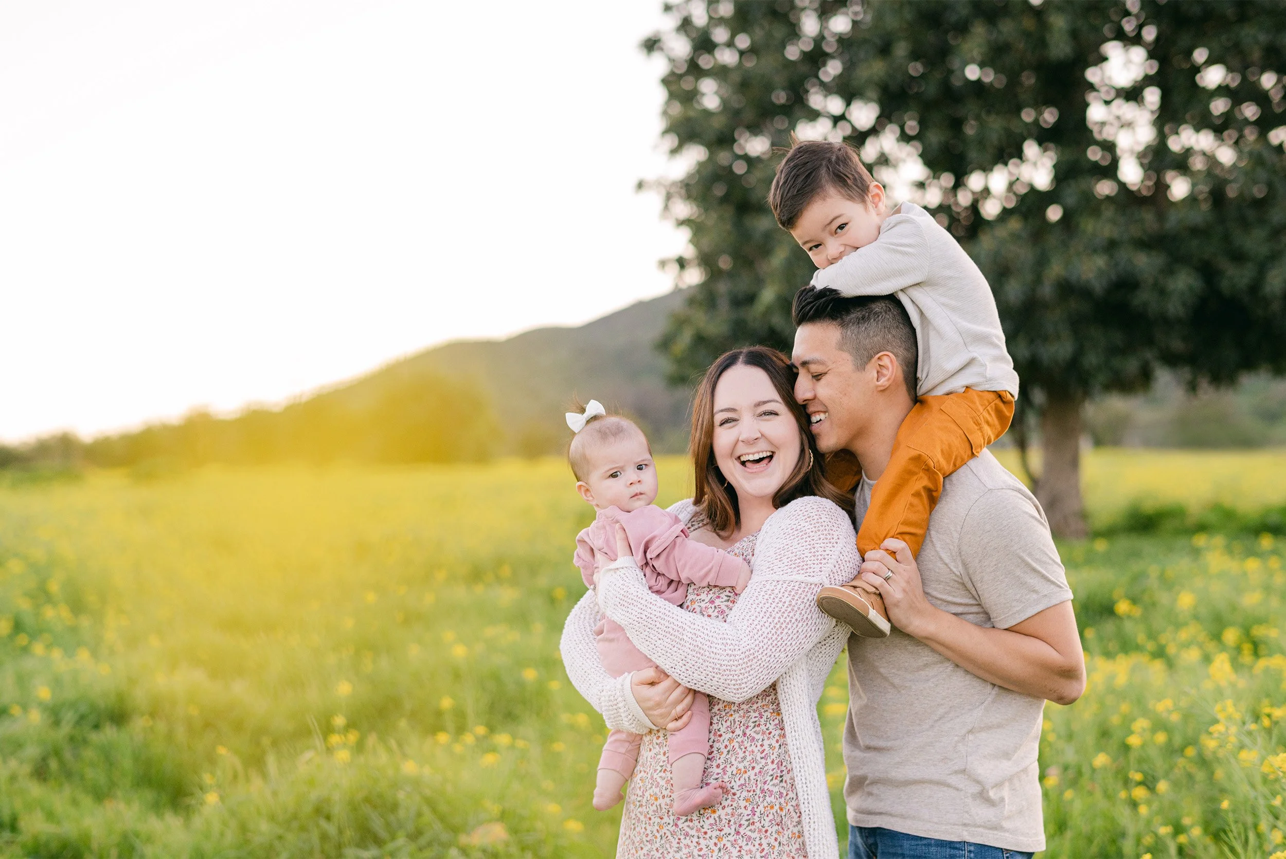 Parents laughing with two children in golden meadow, Family portrait photography in Orange County