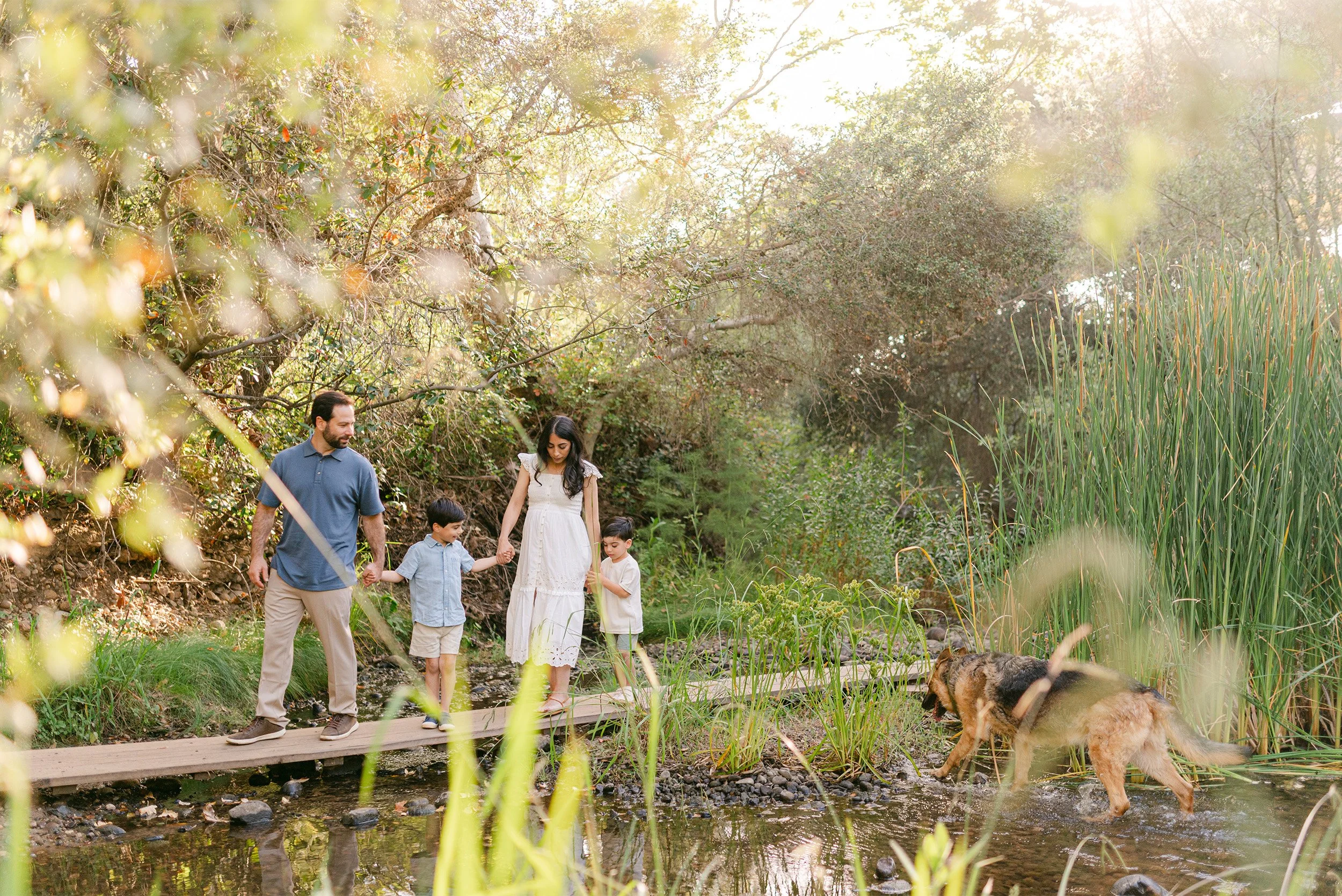 Pet-friendly family photographer in Orange County captures family walking across footbridge with pet dog by the creek