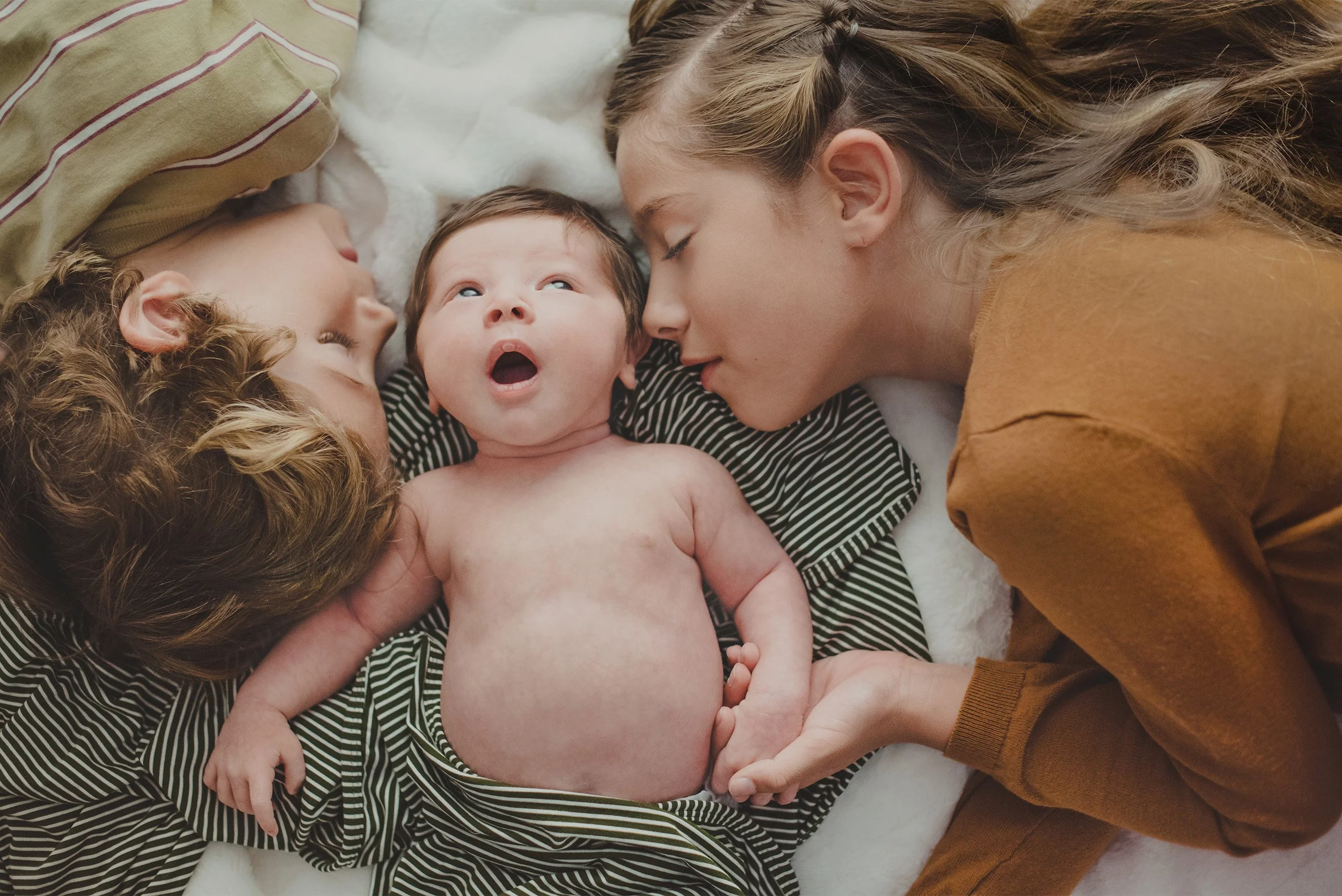 Orange County newborn photographer and family photographer captures overhead shot of siblings kissing baby brother's cheeks