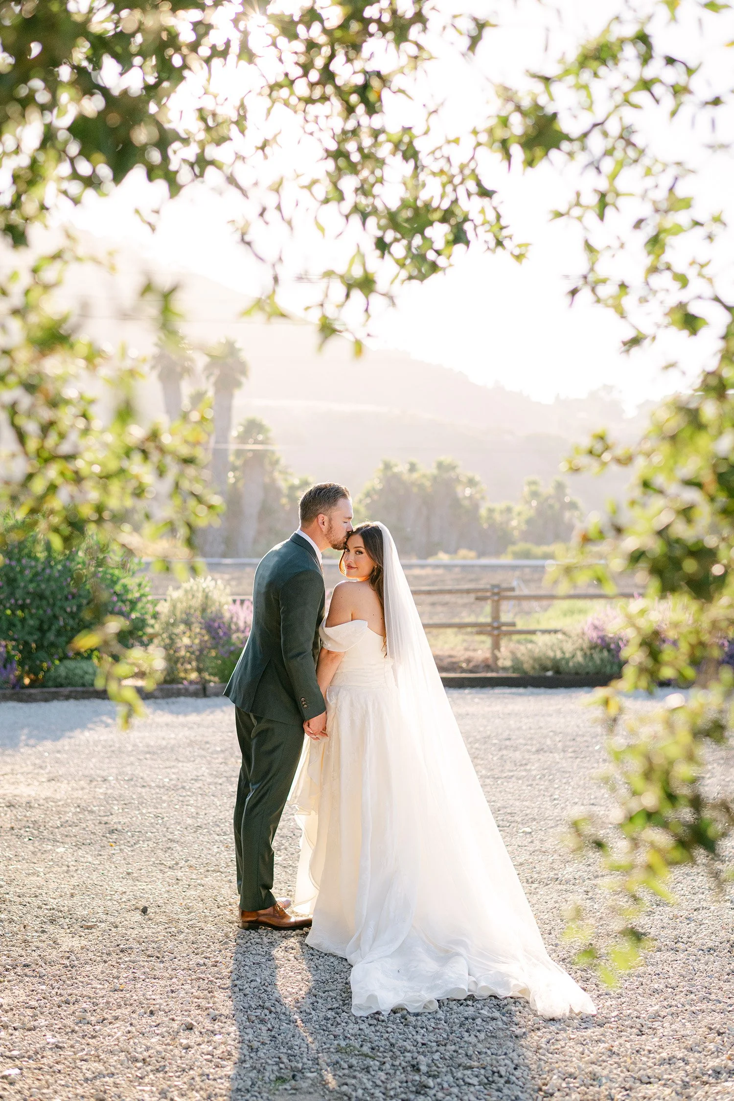 Wedding photographer in Orange County captures groom kissing bride's forehead on sunlit gravel pathway with cathedral veil, The Swanner House Wedding Venue in San Juan Capistrano