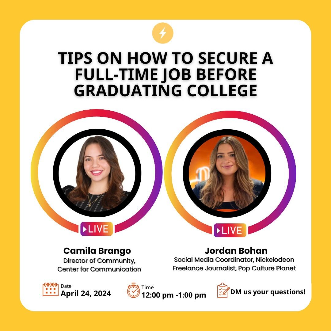 Hey CenCom fam, are you ready for another game-changing Instagram Live next week? ⚡️ 

Join us next Wednesday at 12pm ET to unlock the secrets to secure a full-time job *BEFORE* you graduate college with expert tips from @jordanbohan the Social Media