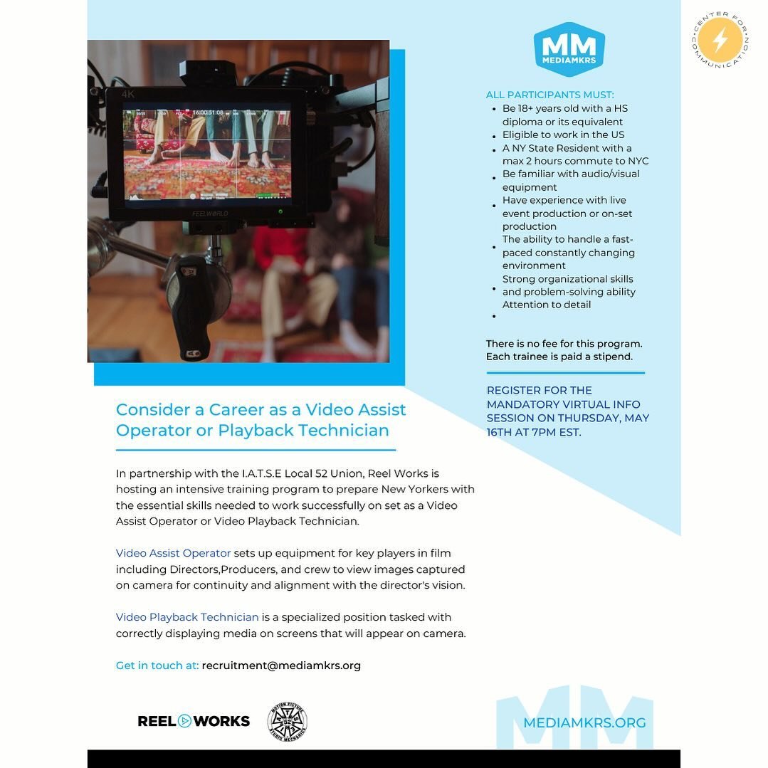 Apply now for the @mediamkrs @reelworks @iatselocal52 Video Playback and Assist Training Program! 🌟 In partnership with the I.A.T.S.E Local 52 Union, Reel Works is offering an intensive training program designed to equip New Yorkers with the essenti