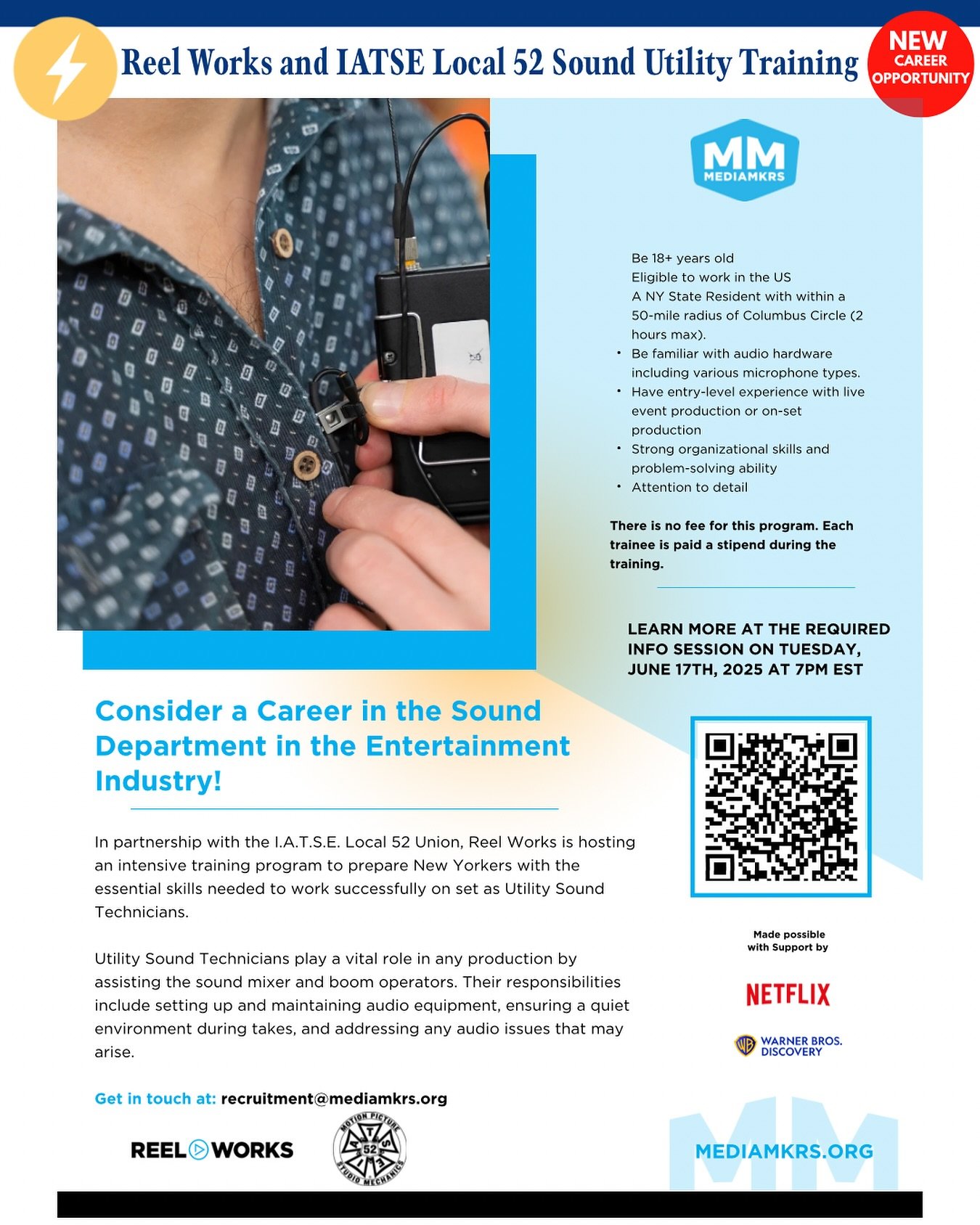 Paid Opportunity for Aspiring Sound Pros!

Break into the film &amp; TV industry with MediaMKRS + IATSE Local 52! 🎬🎙️

This FREE, hands-on training is perfect for interns, recent grads &amp; creatives ready to level up.

📅 Info Session: Tues, June