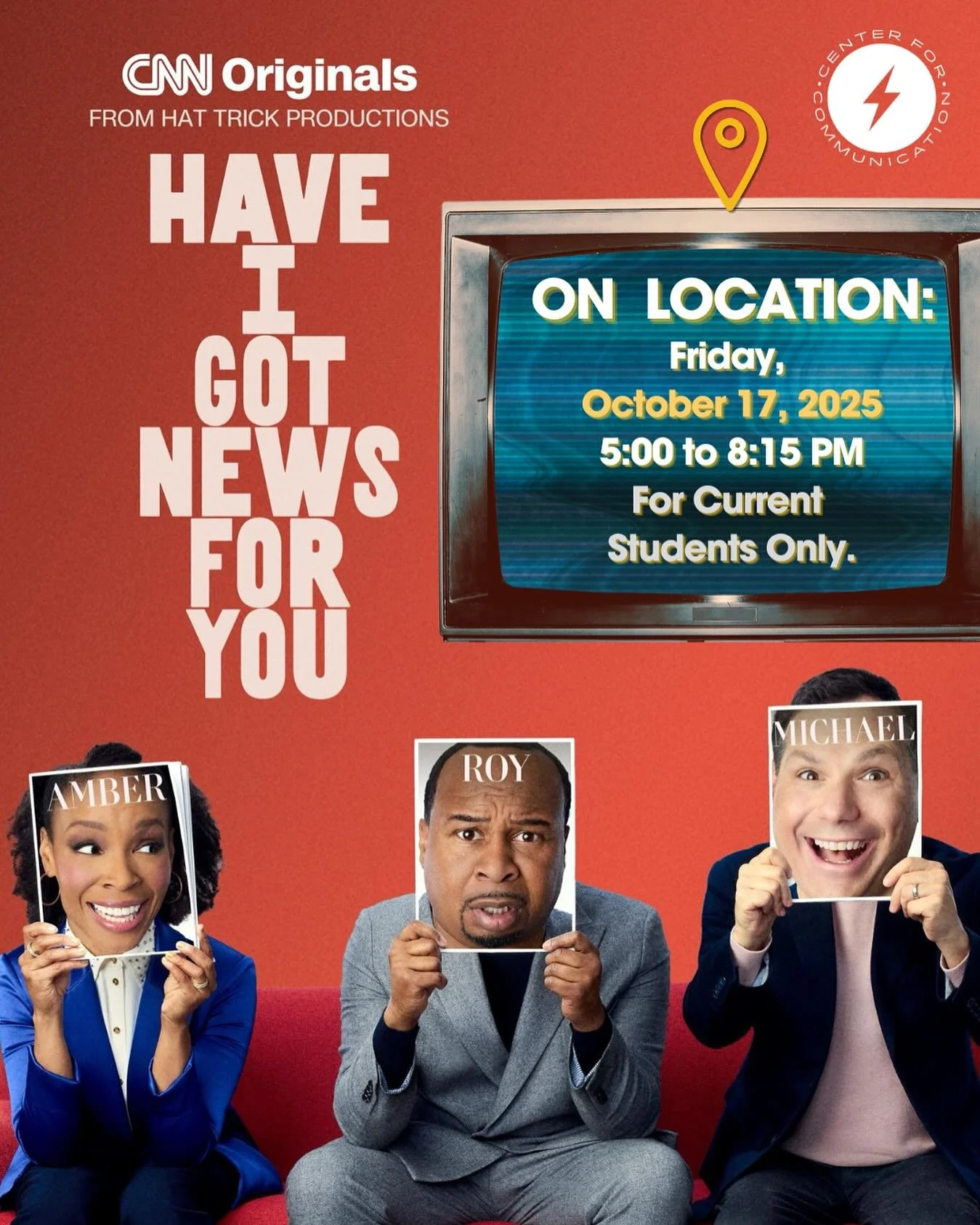 Hey Guys! You won&rsquo;t want to miss our On Location visit📍to the set of @cnn&rsquo;s critically acclaimed and viral hit show Have I got News for You @hignfyus on Friday, October 17, from 5:00 PM to 8:15 PM. Open to current students only. Spots ar