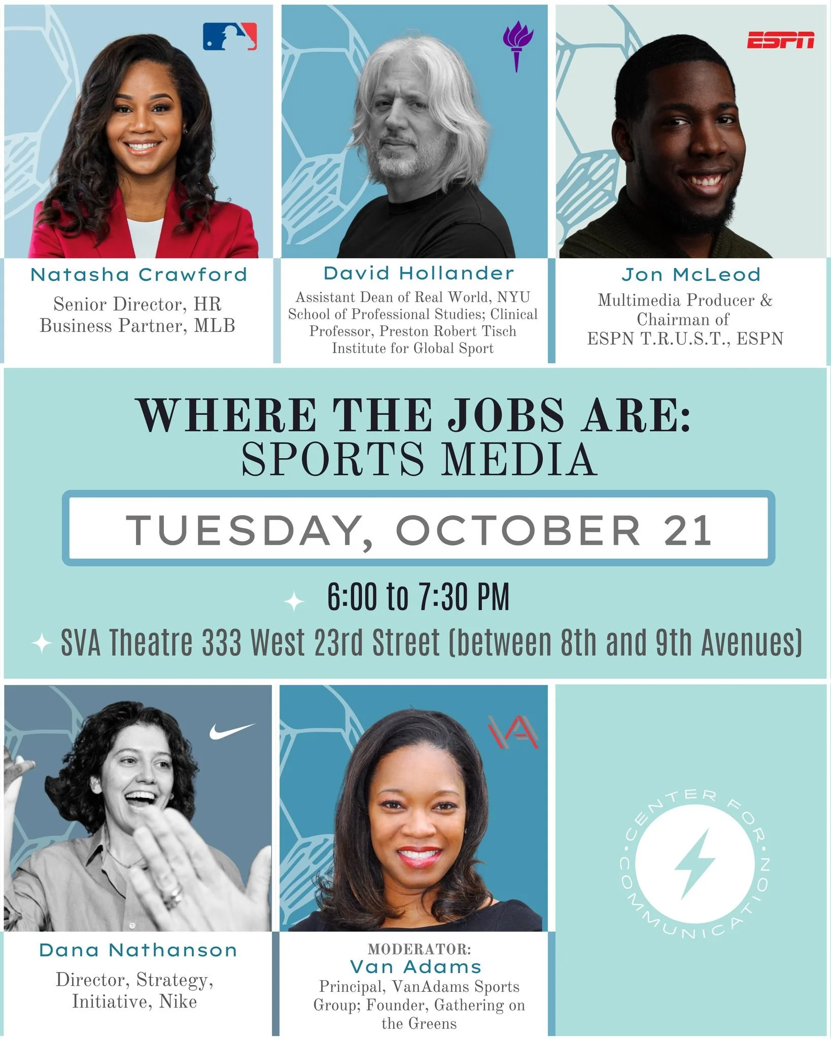 Get to know the panelists for our Where the Jobs Are: Sports Media panel on October 21, at 6:00 PM, at @svatheatre. Join these sports media mavericks as they share the different pathways you can explore in the field of professional sports.

Meet Our 