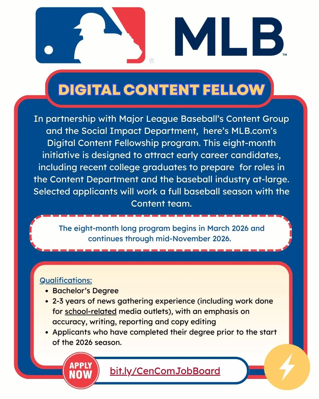 Hey everyone! MLB has just opened their Digital Content Fellowship program. Application deadline is January 15, 2026. For more info and to apply, visit the link in bio. ⚾