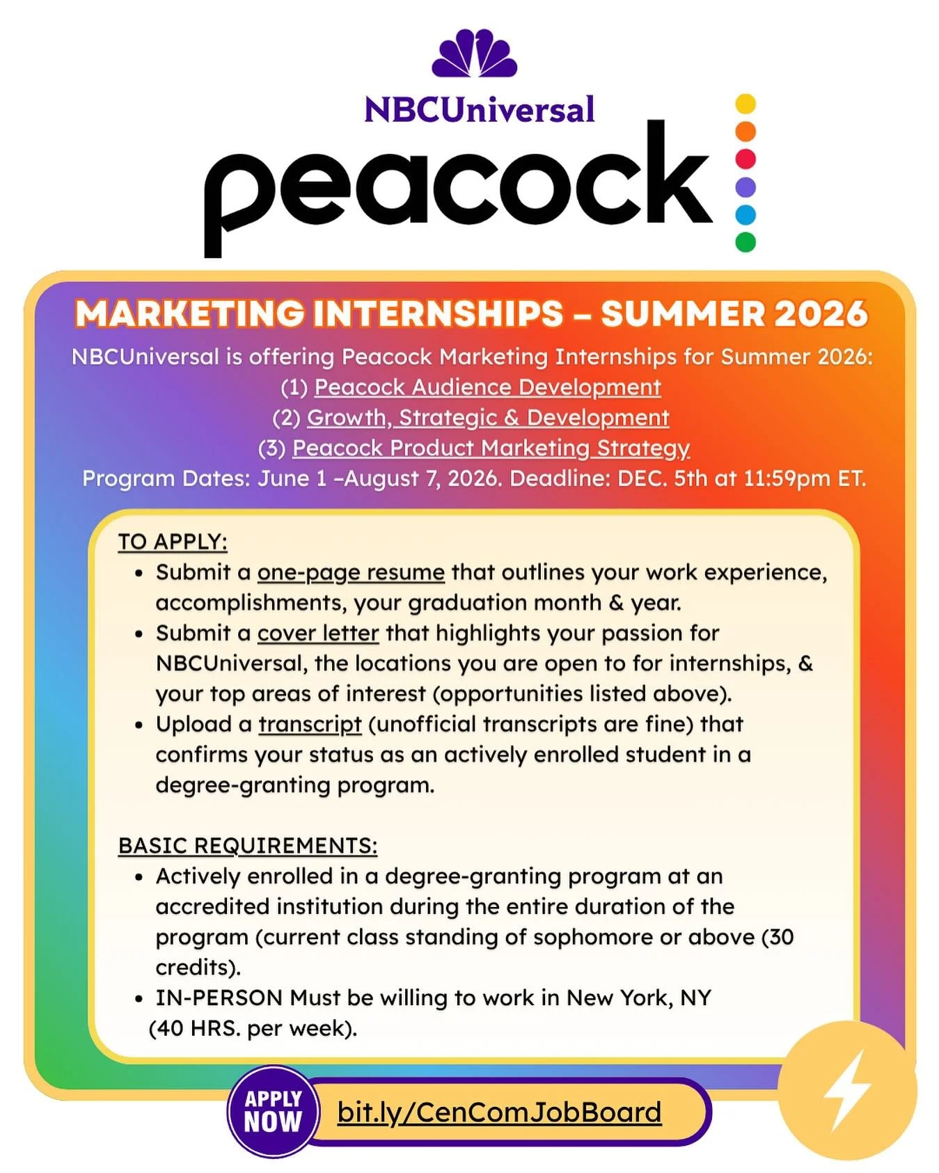Hey everyone! @nbcuniversal is offering Summer 2026 @peacock Marketing Internships. Applications Close: December 5th at 11:59pm ET. For more information and to apply, visit our job board. Link in bio. 🔗