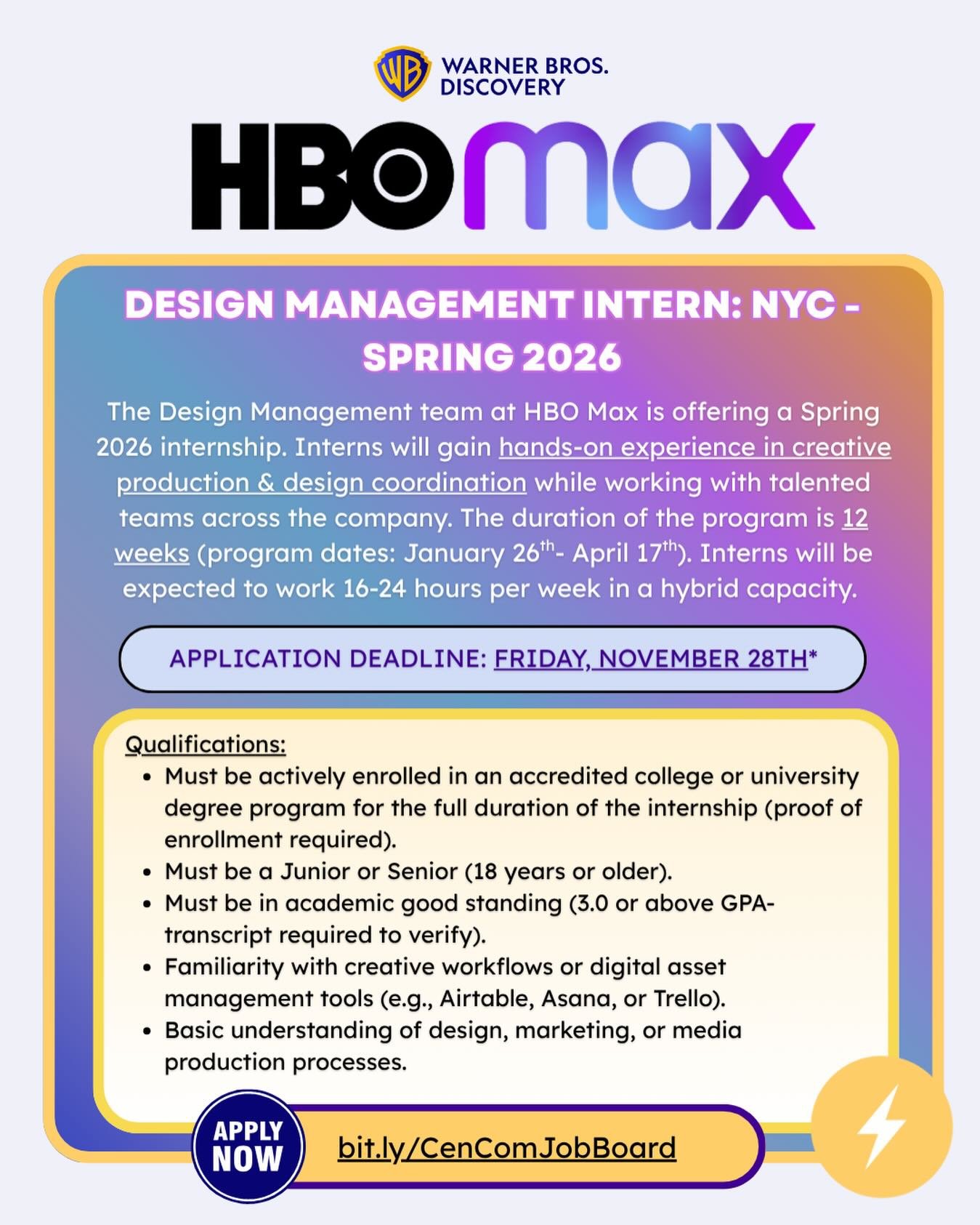 Hey Everyone! The Design Management team @hbomax is offering a Spring 2026 internship! You&rsquo;ll help manage projects to ensure visuals such as key art, product browsing videos, &amp; campaigns are delivered on time and at a high standard. 

Appli