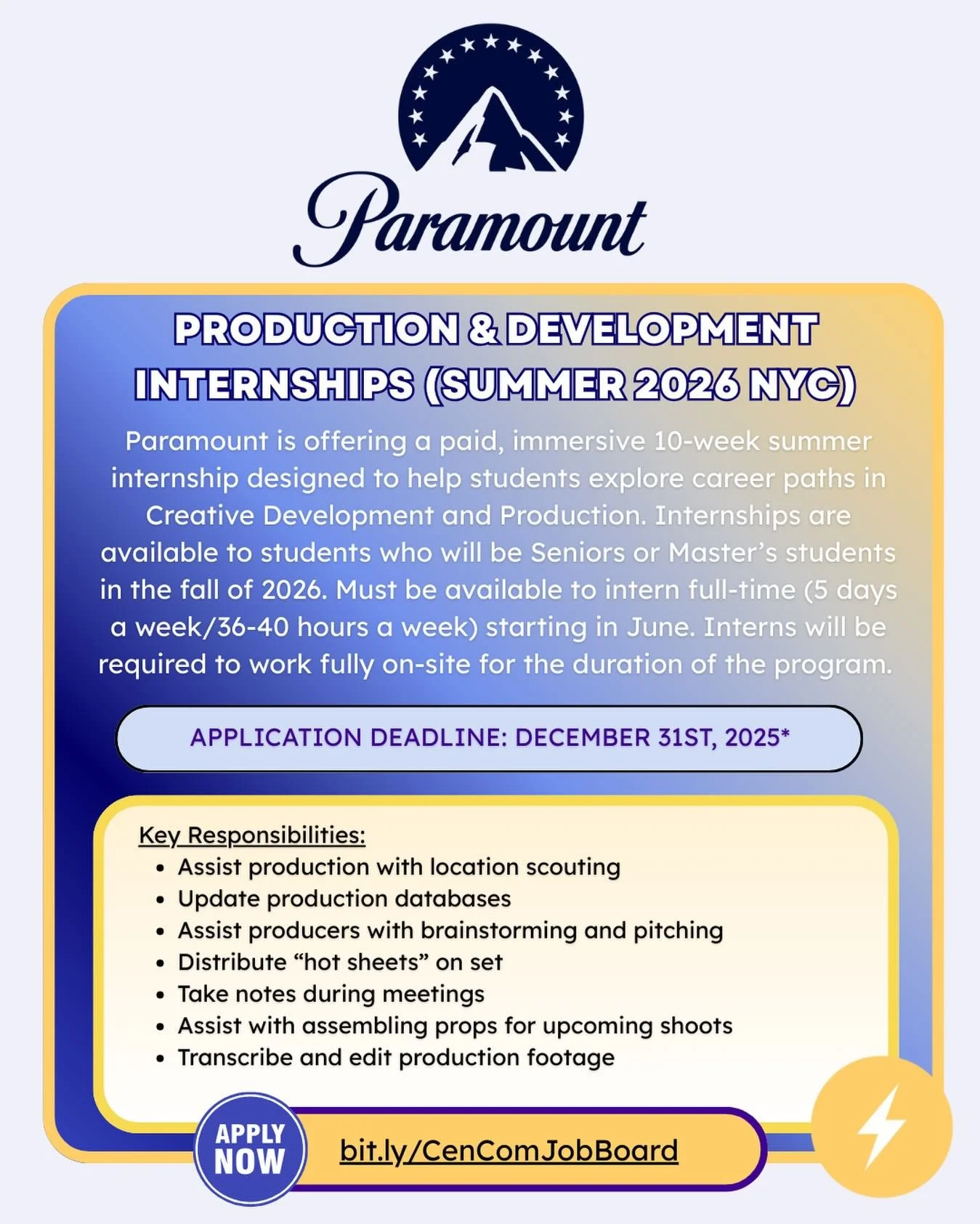 Hey everyone! Paramount is offering Summer 2026, In Person - NYC Production &amp; Development Internships. Applications Close: December 31st, 2025. For more information and to apply, visit our job board.⚡Link in bio.