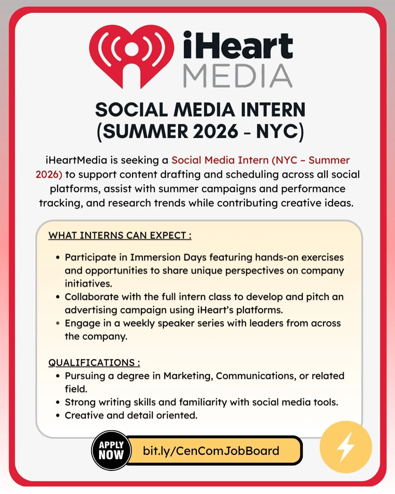 Hey everyone! @iheartmediaofficial is offering a Summer 2026, NYC Social Media Internship. For more information and to apply, visit our job board.⚡Link in bio.