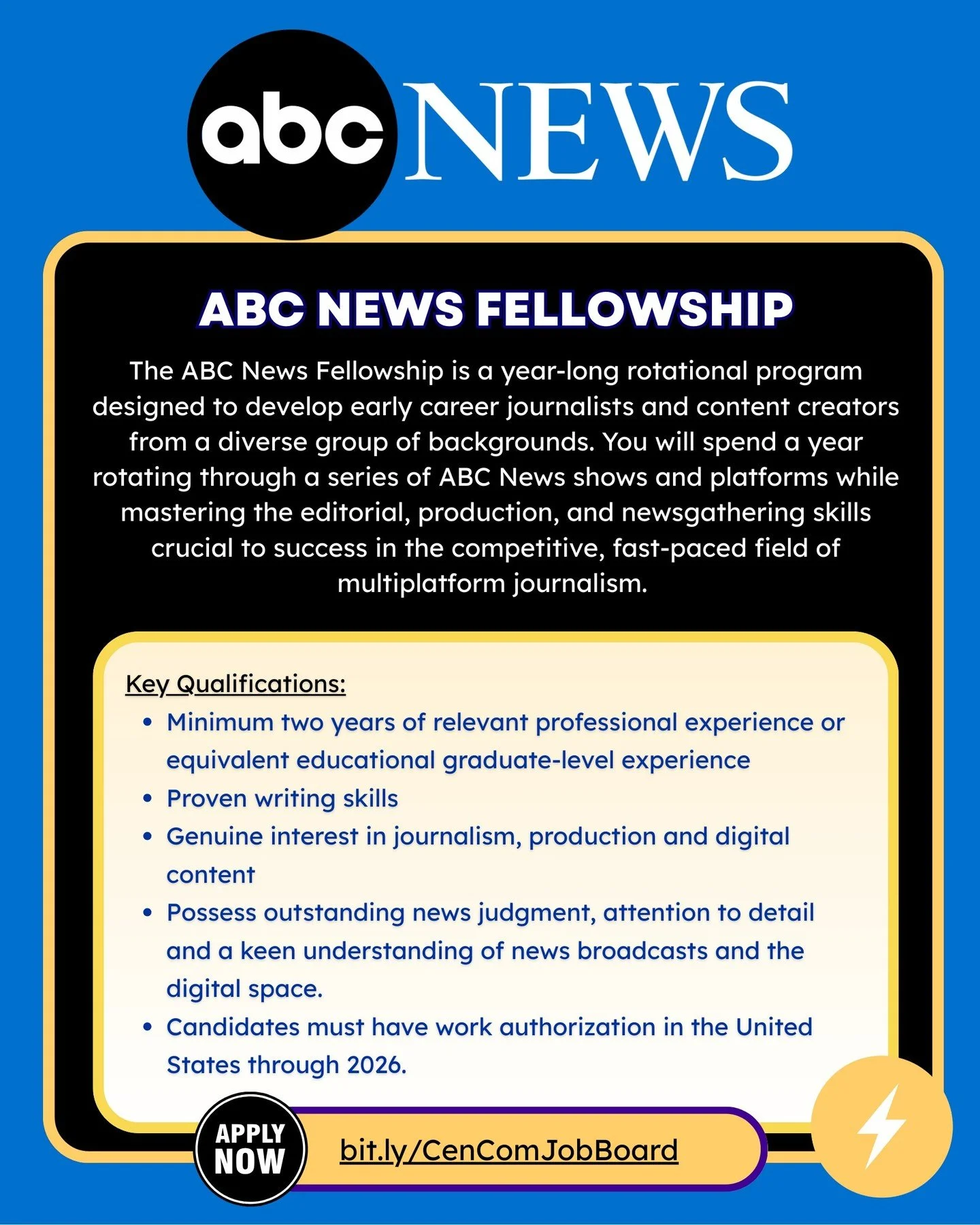 Hey everyone! The @abcnews Fellowship is now open. For more information and to apply, visit our job board. Link in bio 🔗.