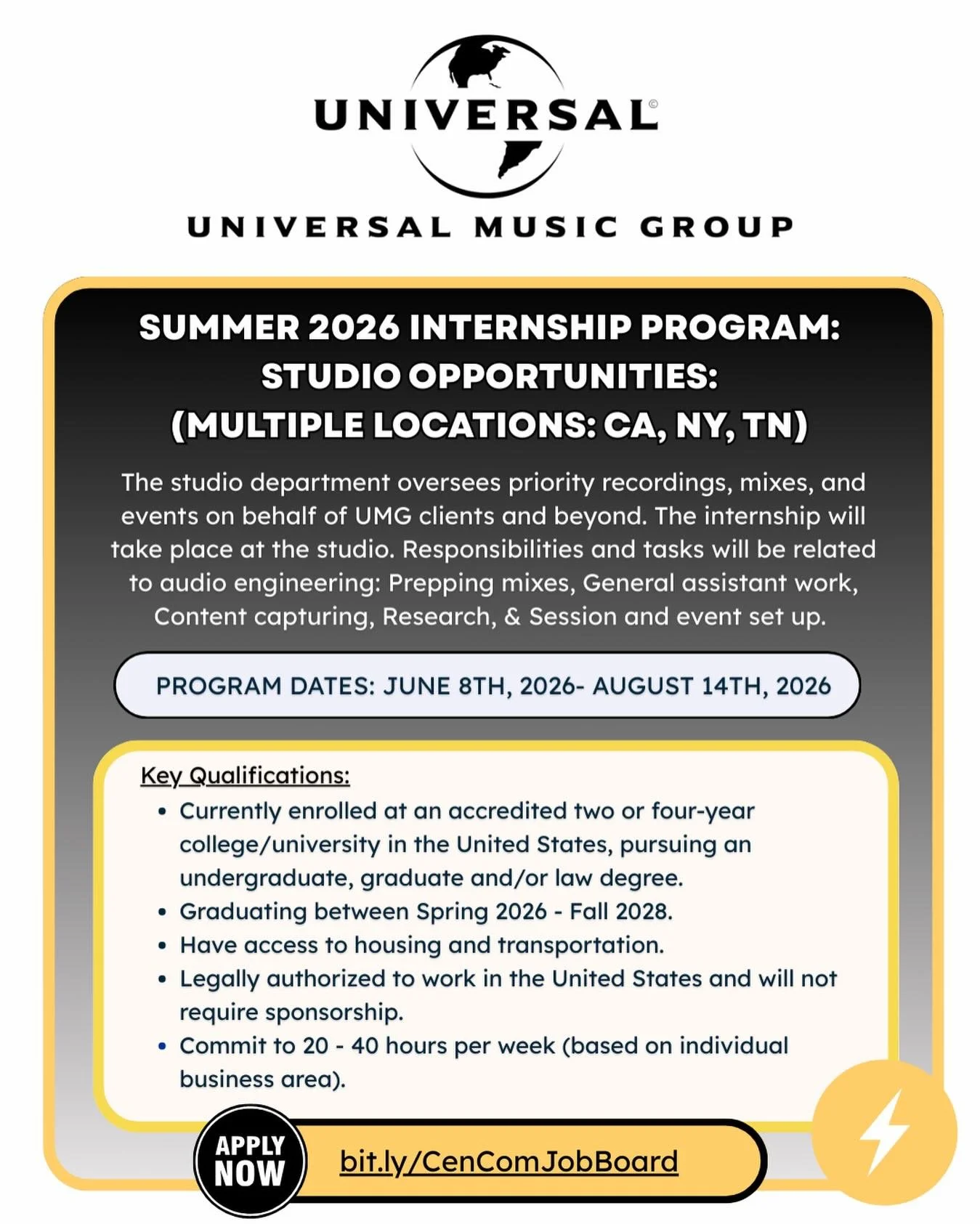 Hey everyone! UMG, the @universalmusicgroup, is offering Summer 2026 Internship Program: Studio Opportunities in Multiple Locations: (CA, NY, TN). For more information and to apply, visit our job board.⚡Link in bio.