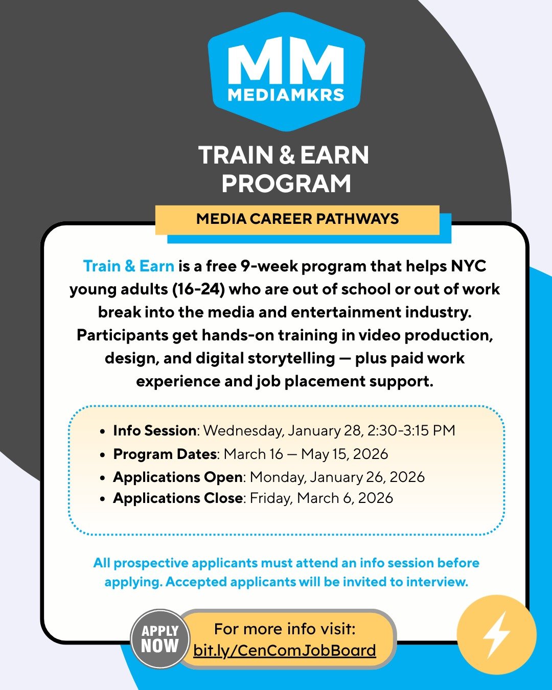 Hey Everyone! ⚡Reel Work&rsquo;s Earn and Pay program is now open! Spring cohort dates: March 16 &ndash; May 15. For more information and to apply, visit our job board. Link in bio.