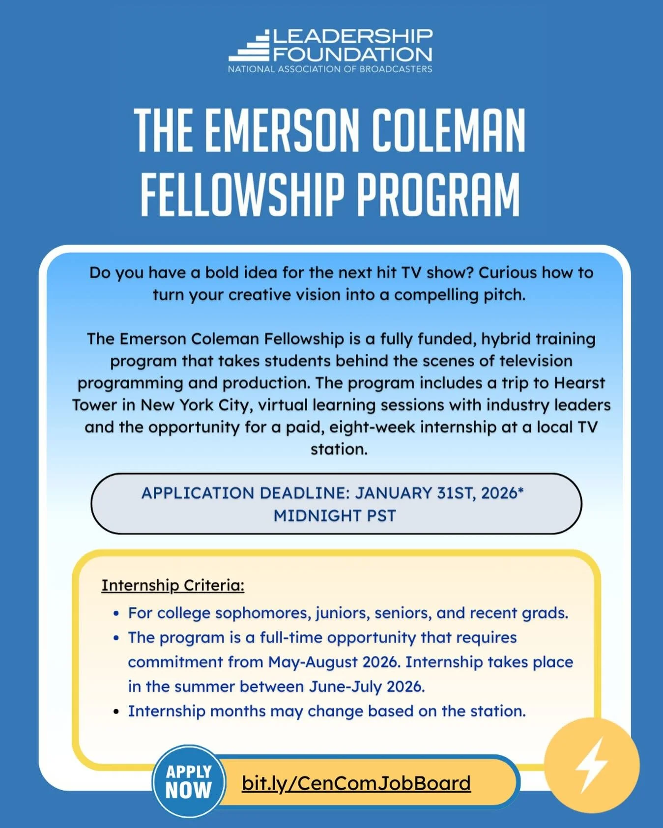 Hey everyone! @nab_foundation &lsquo;s Emerson Coleman Fellowship, is offering a hands-on immersion in the day-to-day operations of television broadcasting, from content development to understanding the business behind the screen. For more informatio