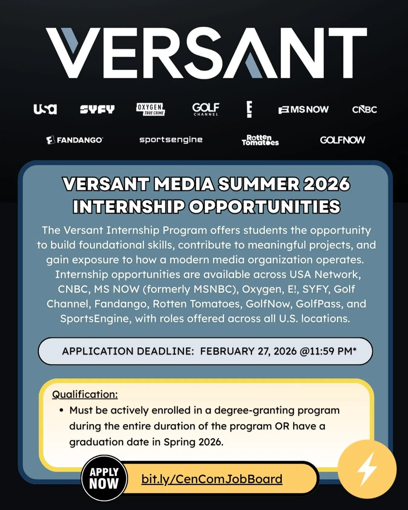 Hey everyone! @versantmedia is offering Summer 2026 Internship Opportunities! As an independent, publicly traded company, Versant is a leading force in news, sports and entertainment &ndash; home to iconic and trusted brands. For more information and