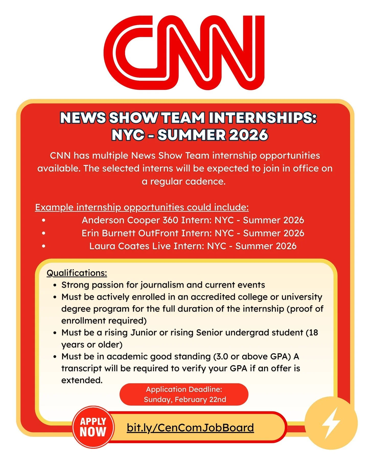 Hey everyone! @CNN has opened their News Show Team Internships in NYC for Summer 2026. Application deadline is 2/22. Link in bio for more information and to apply.