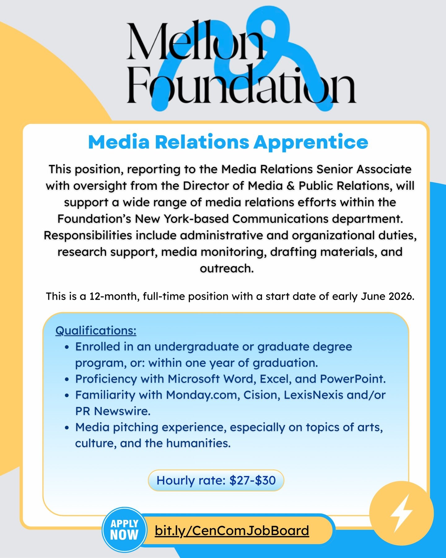 PR/ COMMS Opportunity: The @mellonfoundation is hiring a Media Relations Apprentice. For more information and to apply, visit our job board. Link in bio.