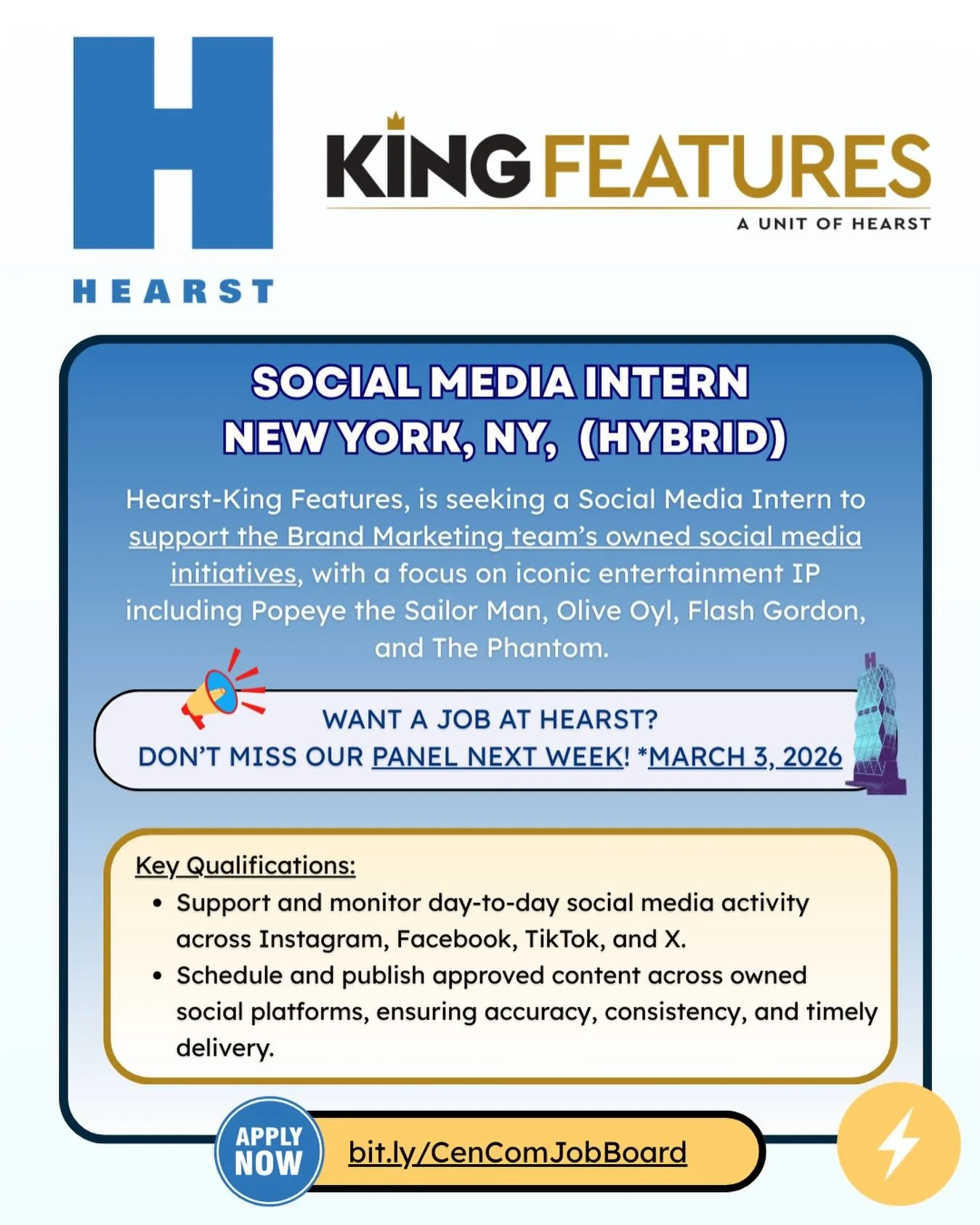 Hey everyone! @hearst&ndash;@kingfeatures, is hiring a Social Media Intern! This role is hybrid with 3 days in their NYC office (Tuesday - Thursday). And if you want to know how to land this role or any opportunity at Hearst, make sure you join us at
