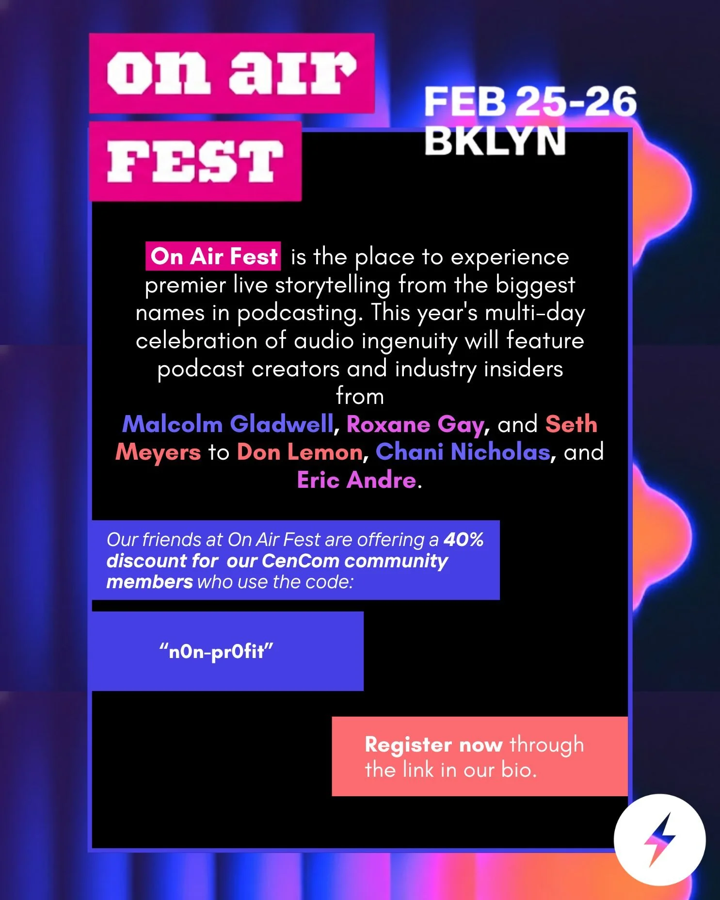 Hey, everyone! Our friends at @onairfest are offering our CenCom community members an exclusive discount on tickets to this multi-day celebration of audio ingenuity. For more information, visit the link in bio.