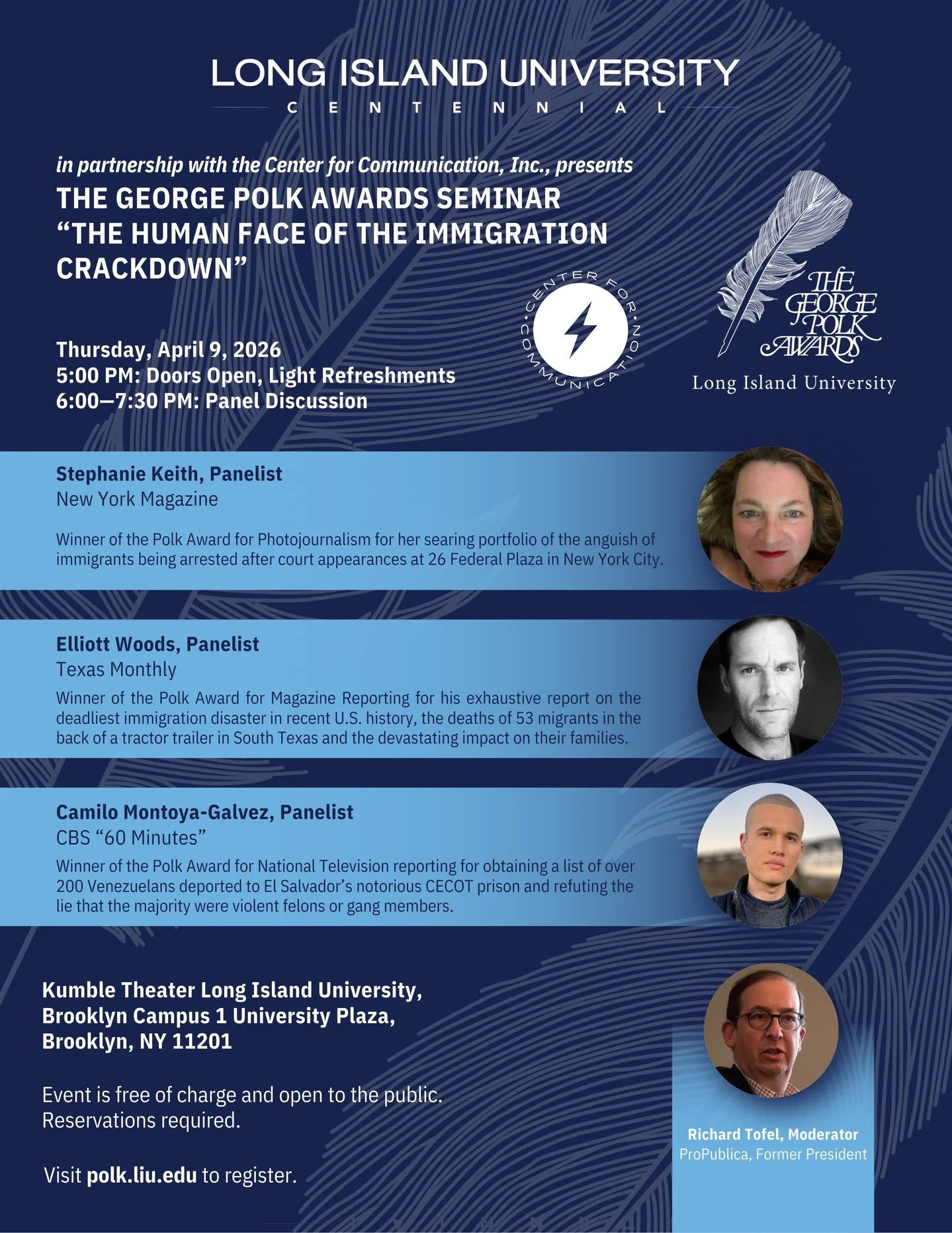 Join us and our friends at @liubrooklyn for a conversation with George Polk Award-winning journalists as they discuss their coverage of the Trump Administration's immigration crackdown, from reporting on immigration policy, raids, and deportations to