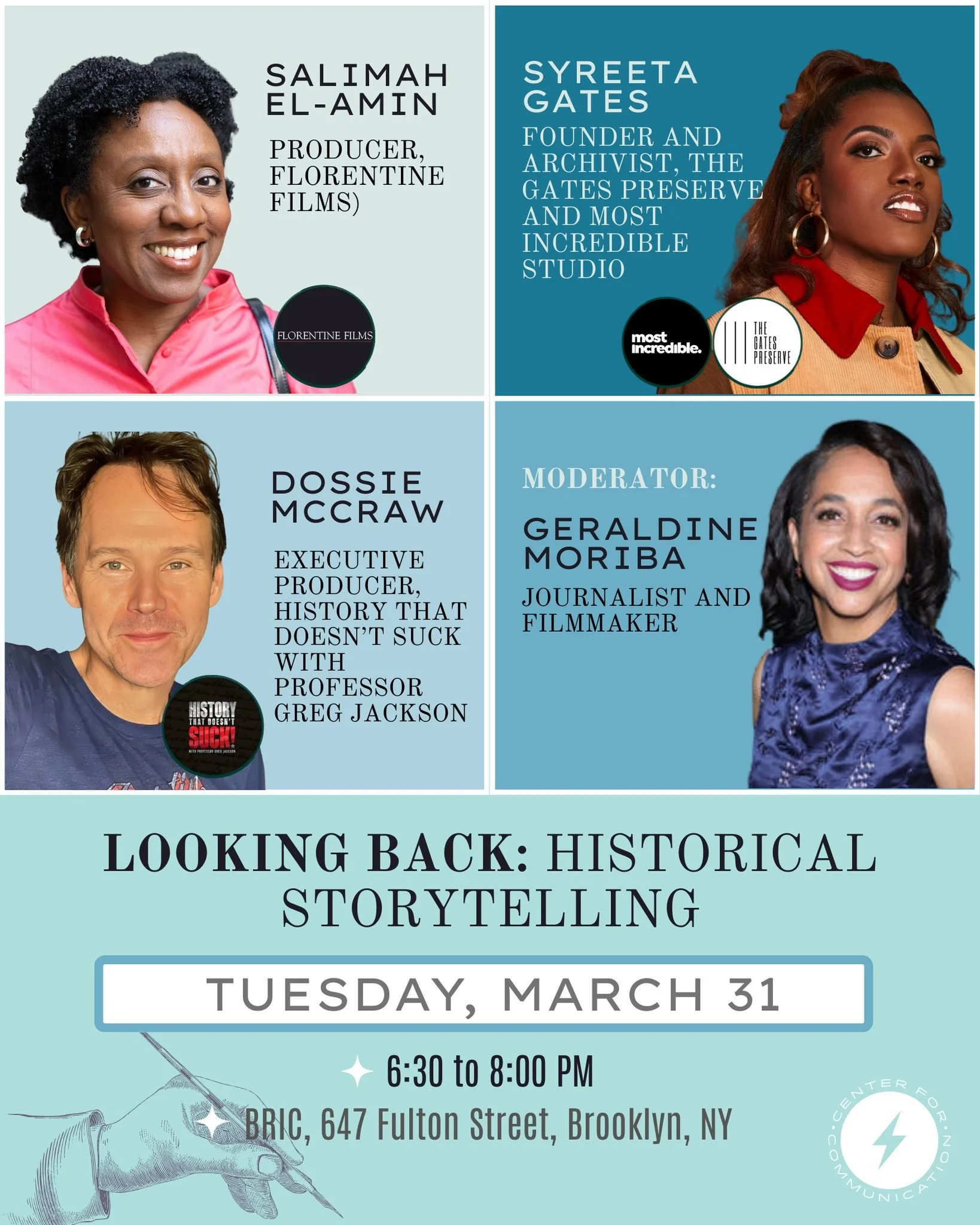 Join us on Tuesday, March 31 at 6:30 PM at BRIC for our Looking Back: Historical Storytelling Panel featuring:

🌟Salimah El-Amin, Producer, Florentine Films
🌟Syreeta Gates, Founder and Archivist, The Gates Preserve and Most Incredible Studio
🌟Doss