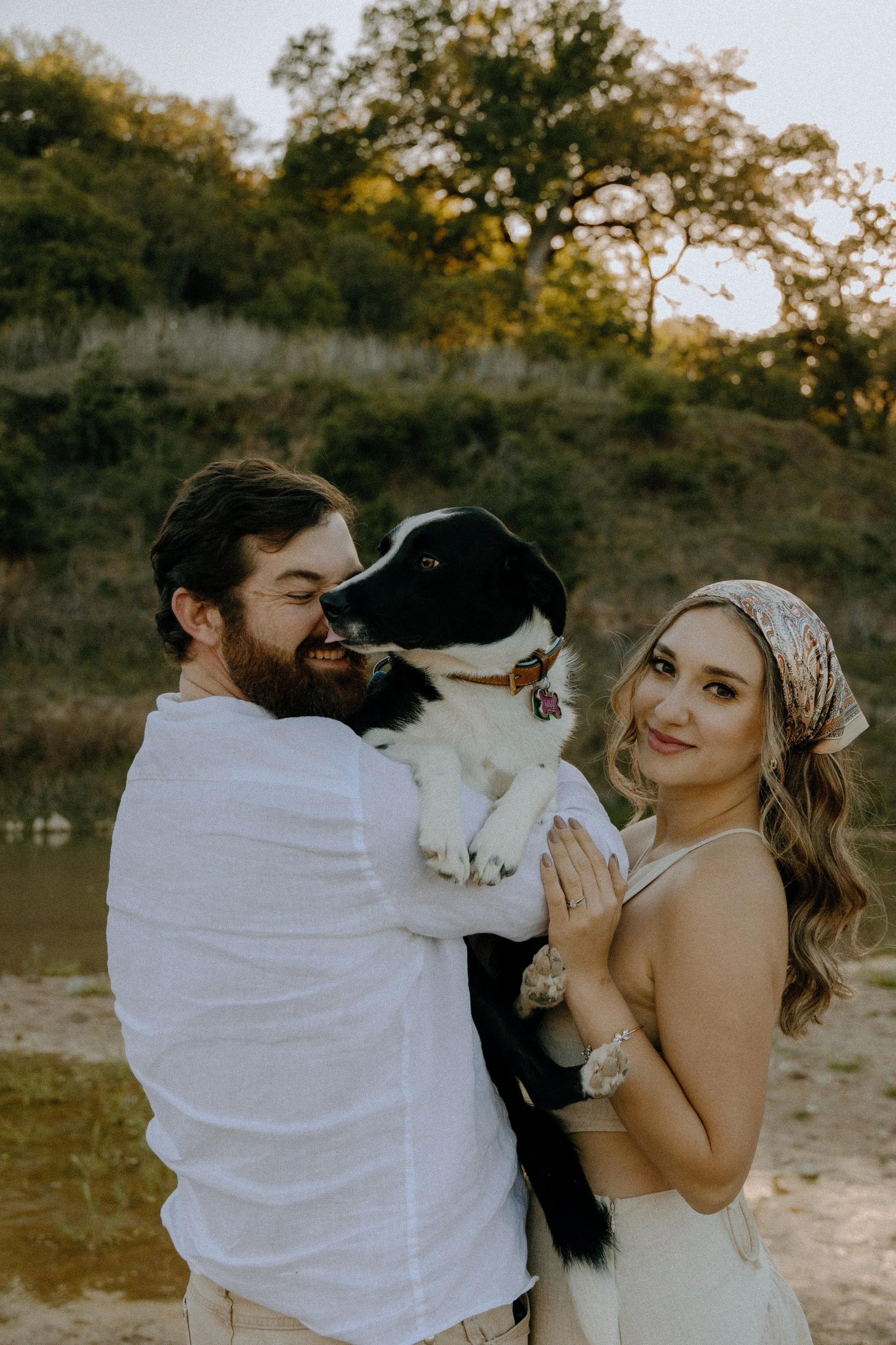 Houston & Texas Family, Couples, Newborn, Maternity, Bridal Photography – Couple laughing together with dog in Austin TX portraits.
