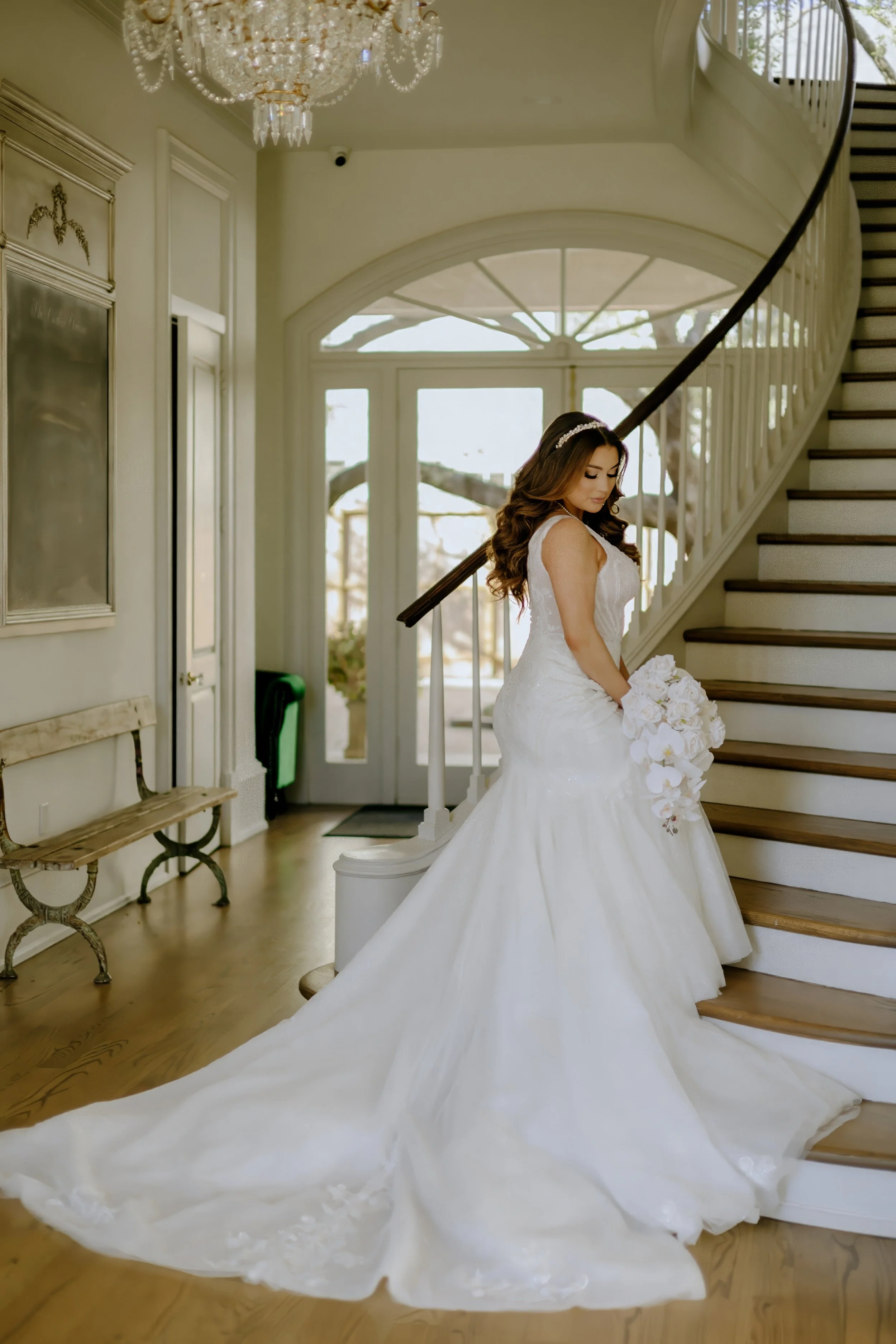 Houston & Texas Family, Couples, Newborn, Maternity, Bridal Photography – Bride holding bouquet by side, staircase in background, Houston.
