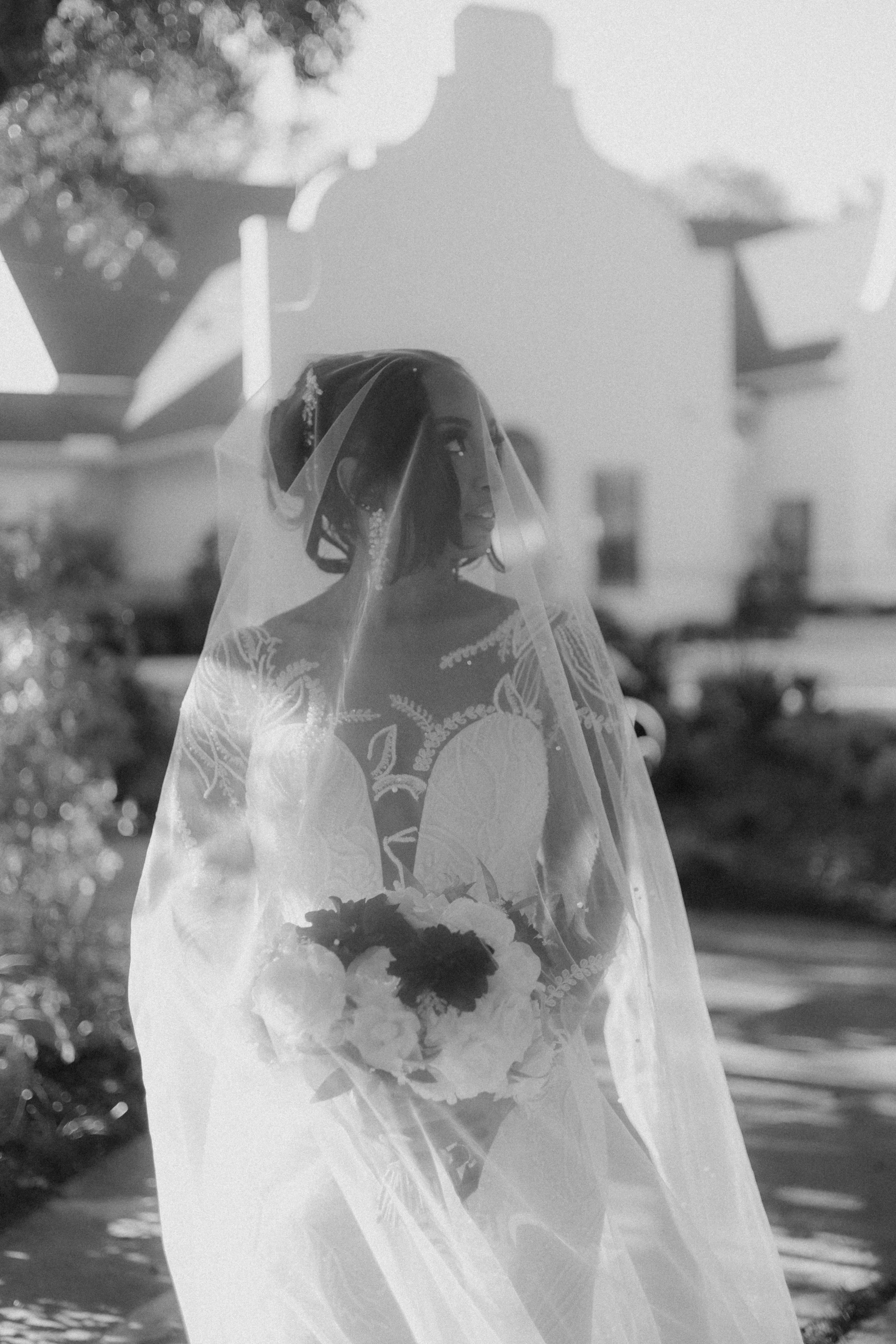 Houston & Texas Family, Couples, Newborn, Maternity, Bridal Photography – Black and white bridal photo with veil, The Peach Orchard Venue.