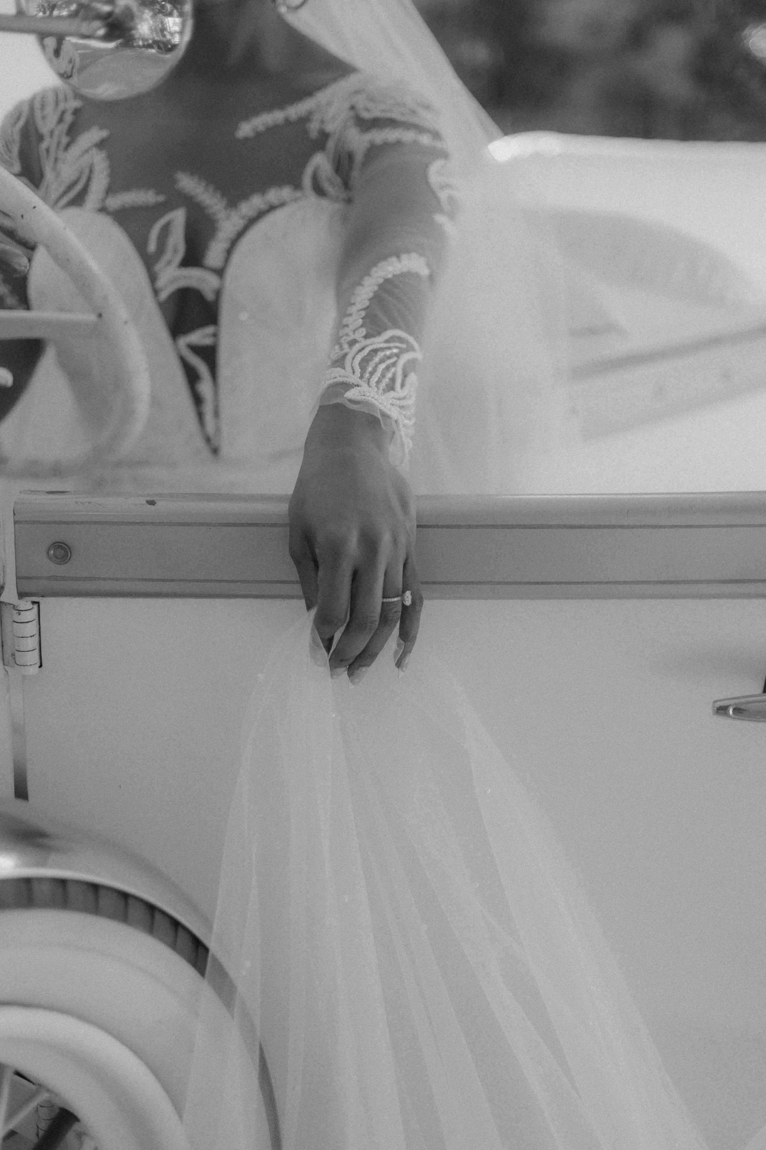 Houston & Texas Family, Couples, Newborn, Maternity, Bridal Photography – Bride’s hand resting on car, Peach Orchard Venue details.