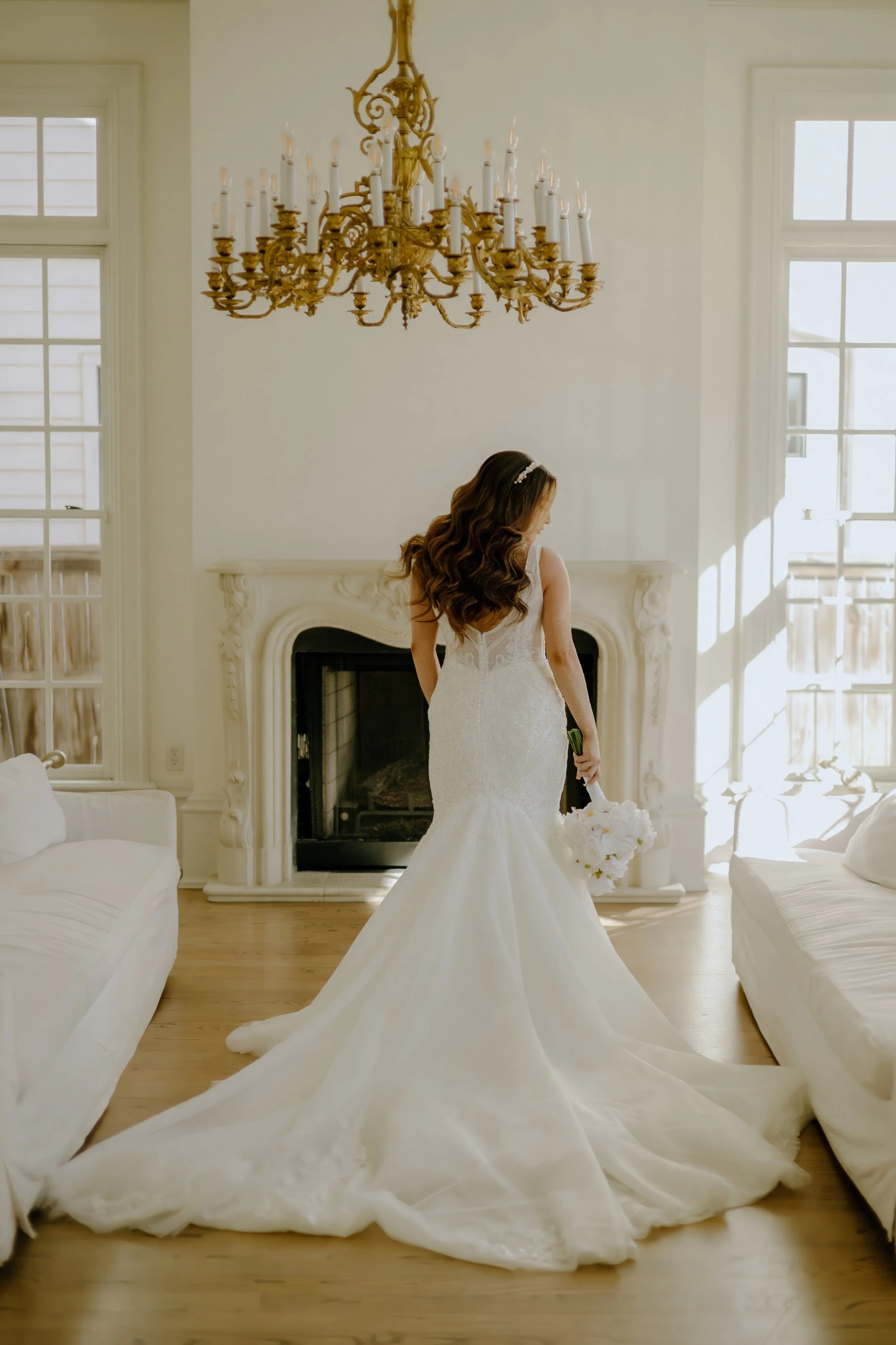 Houston & Texas Family, Couples, Newborn, Maternity, Bridal Photography – Elegant portrait of bride posing near fireplace, Houston.