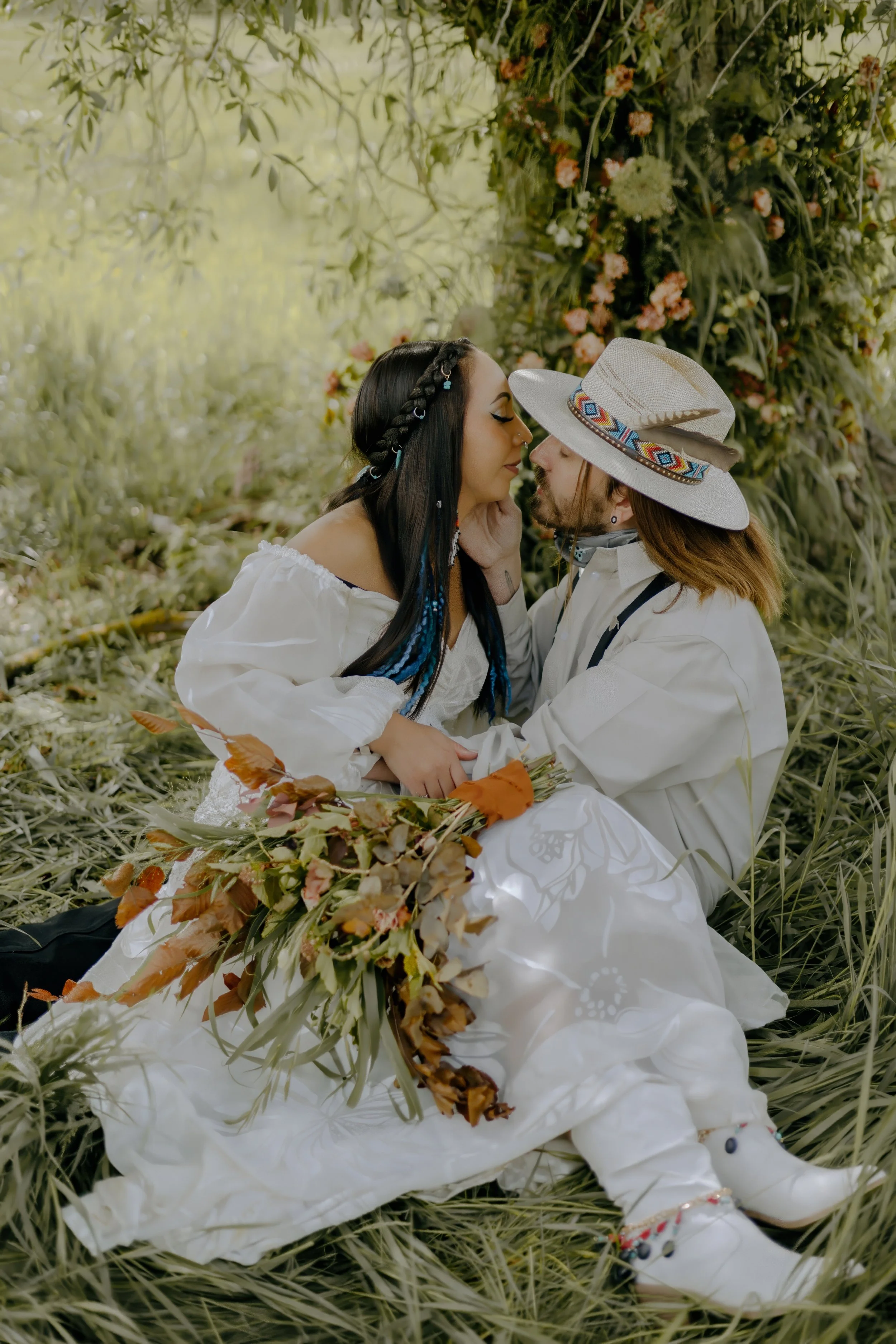 Houston & Texas Wedding & Elopement Photography – Couple embracing by willow tree at Diamond Cross Ranch, Jackson, WY.
