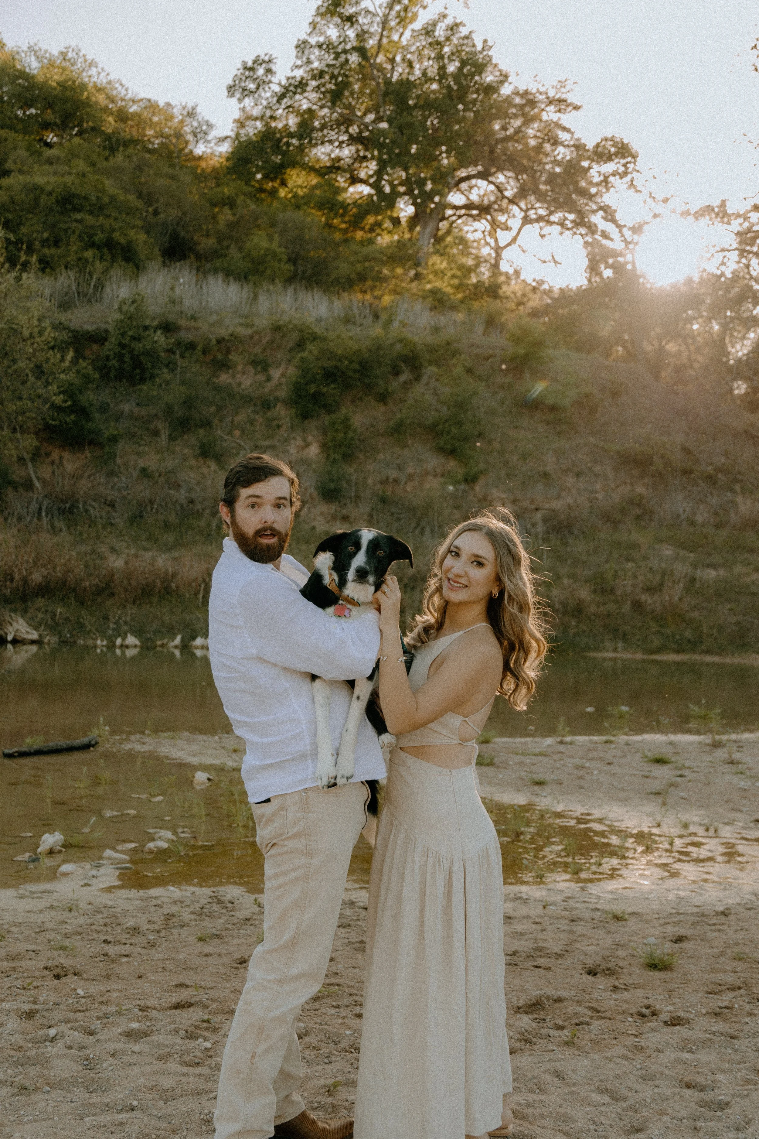 Houston & Texas Family, Couples, Newborn, Maternity, Bridal Photography – Romantic golden hour moment with dog in Austin TX hills.