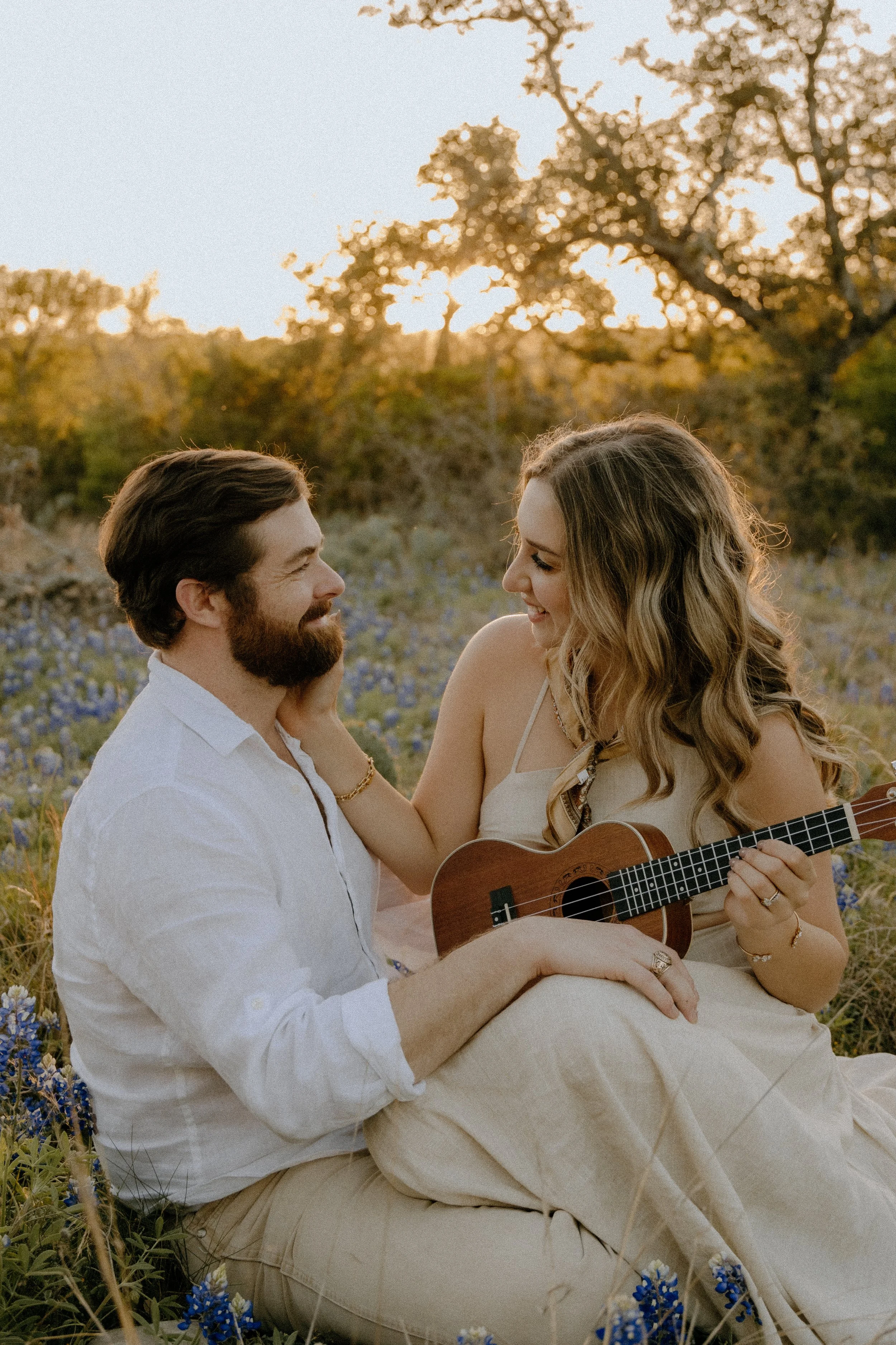 Houston & Texas Family, Couples, Newborn, Maternity, Bridal Photography – Intimate close-up of couple in Austin TX meadow at golden hour.