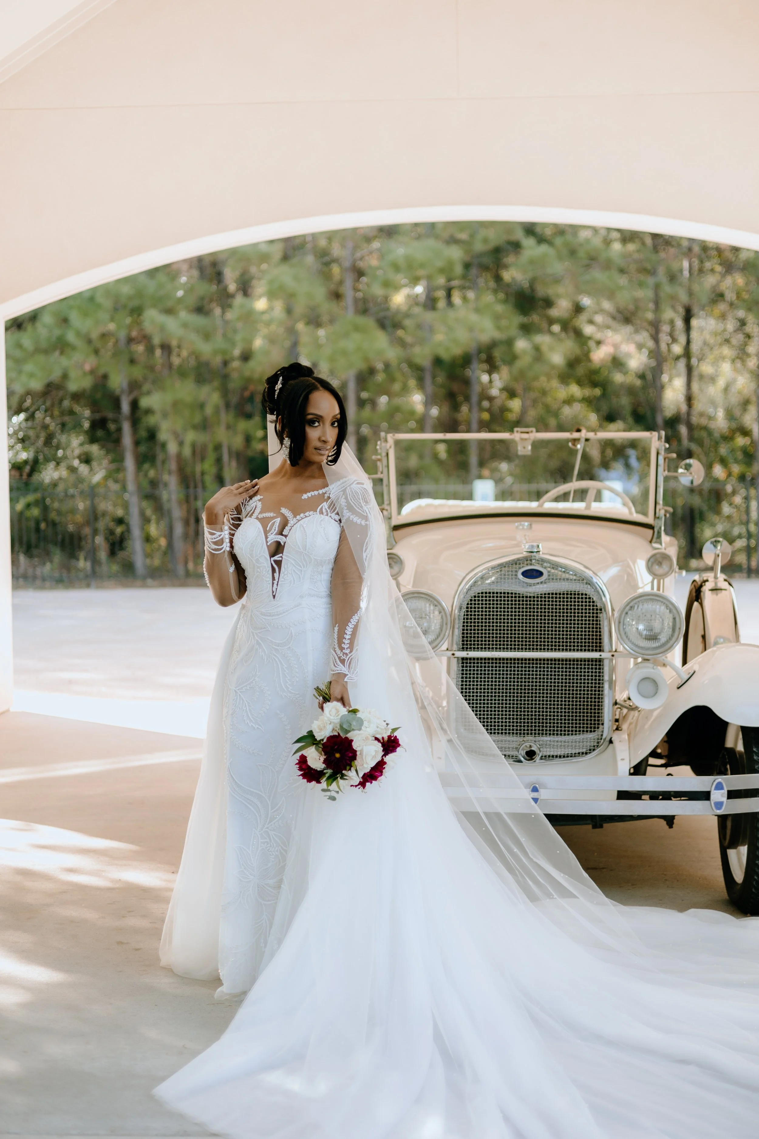 Houston & Texas Family, Couples, Newborn, Maternity, Bridal Photography – Full gown bridal portrait by vintage car in The Woodlands TX.