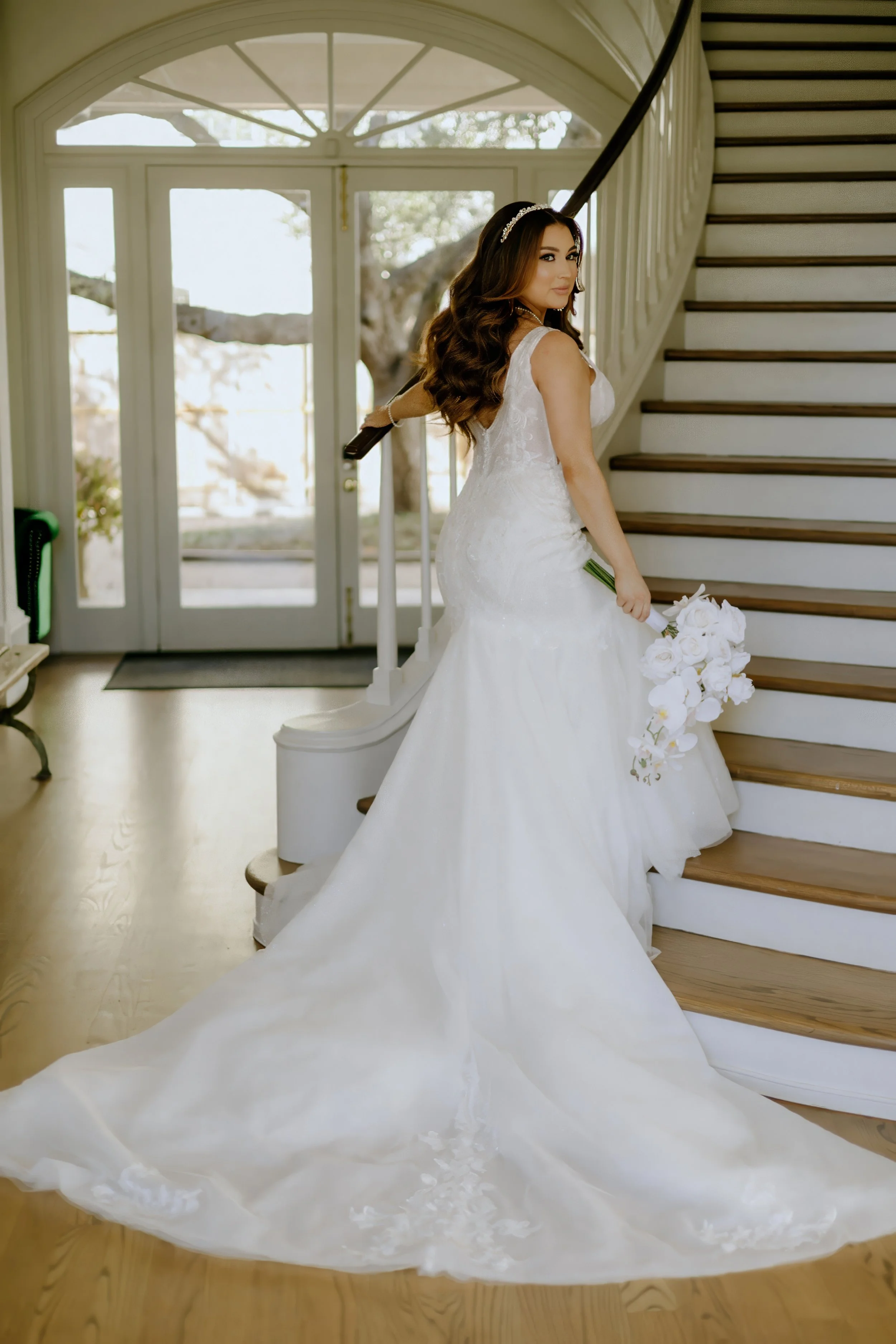 Houston & Texas Family, Couples, Newborn, Maternity, Bridal Photography – Bride smiling while sitting gracefully on staircase, Houston.