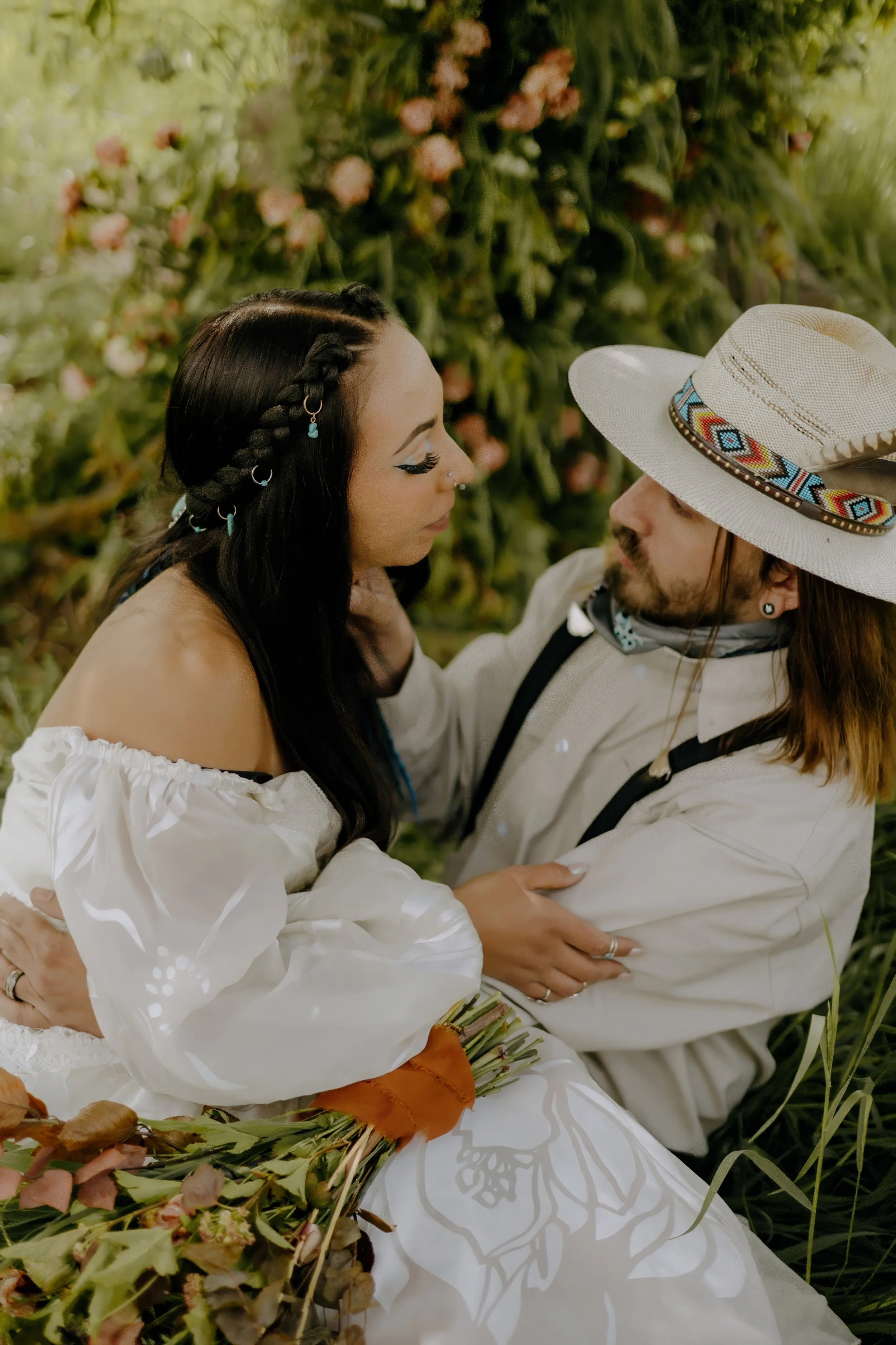 Houston & Texas Wedding & Elopement Photography – Bride and groom walking toward grazing horses, Diamond Cross Ranch field.