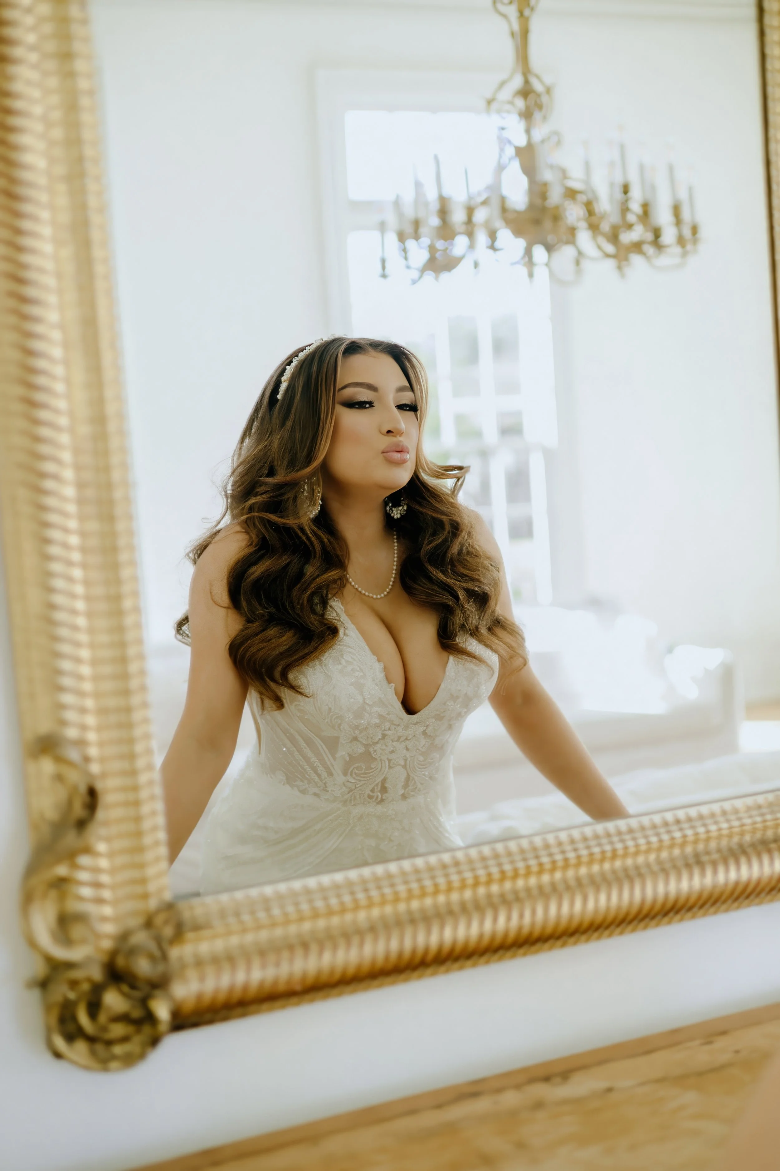 Houston & Texas Family, Couples, Newborn, Maternity, Bridal Photography – Full-length bridal portrait in mirror with chandelier, Houston studio.