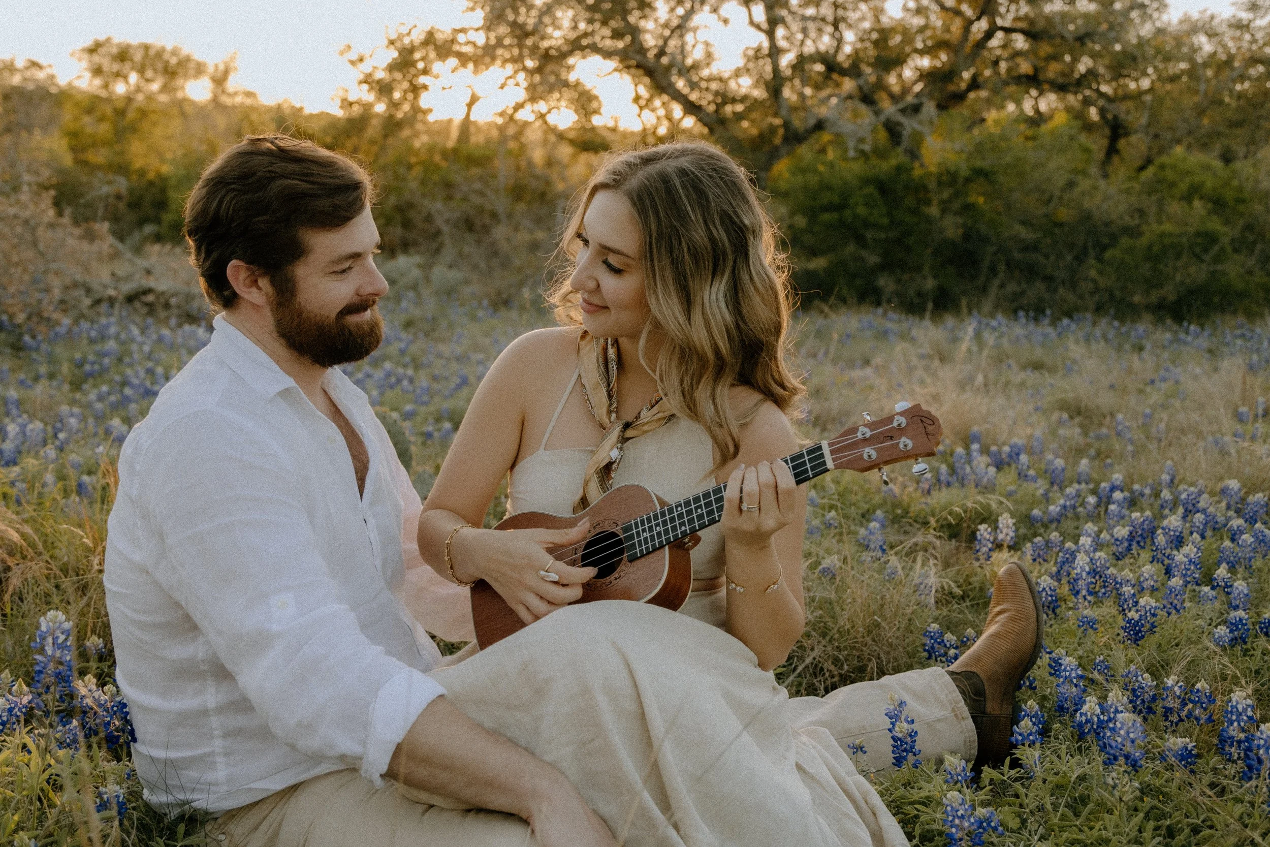 Houston & Texas Family, Couples, Newborn, Maternity, Bridal Photography – Romantic guitar session outdoors, Austin TX meadow.