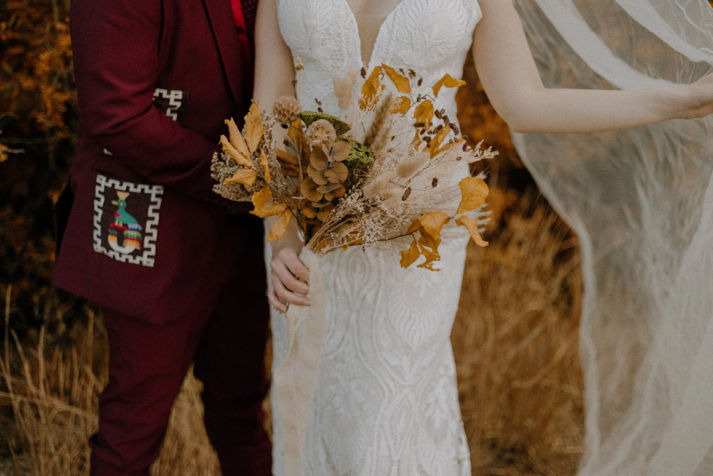Houston & Texas Wedding & Elopement Photography – Bride bouquet detail with dried florals at Echo Lake Colorado elopement.