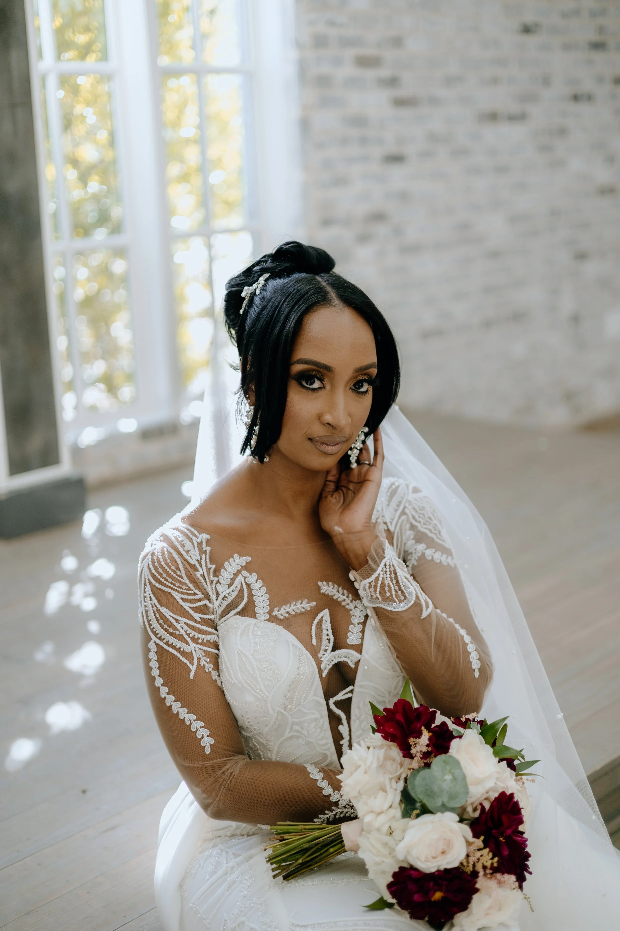 Houston & Texas Family, Couples, Newborn, Maternity, Bridal Photography – Bride in lace gown, Peach Orchard Venue indoor bridal portrait.