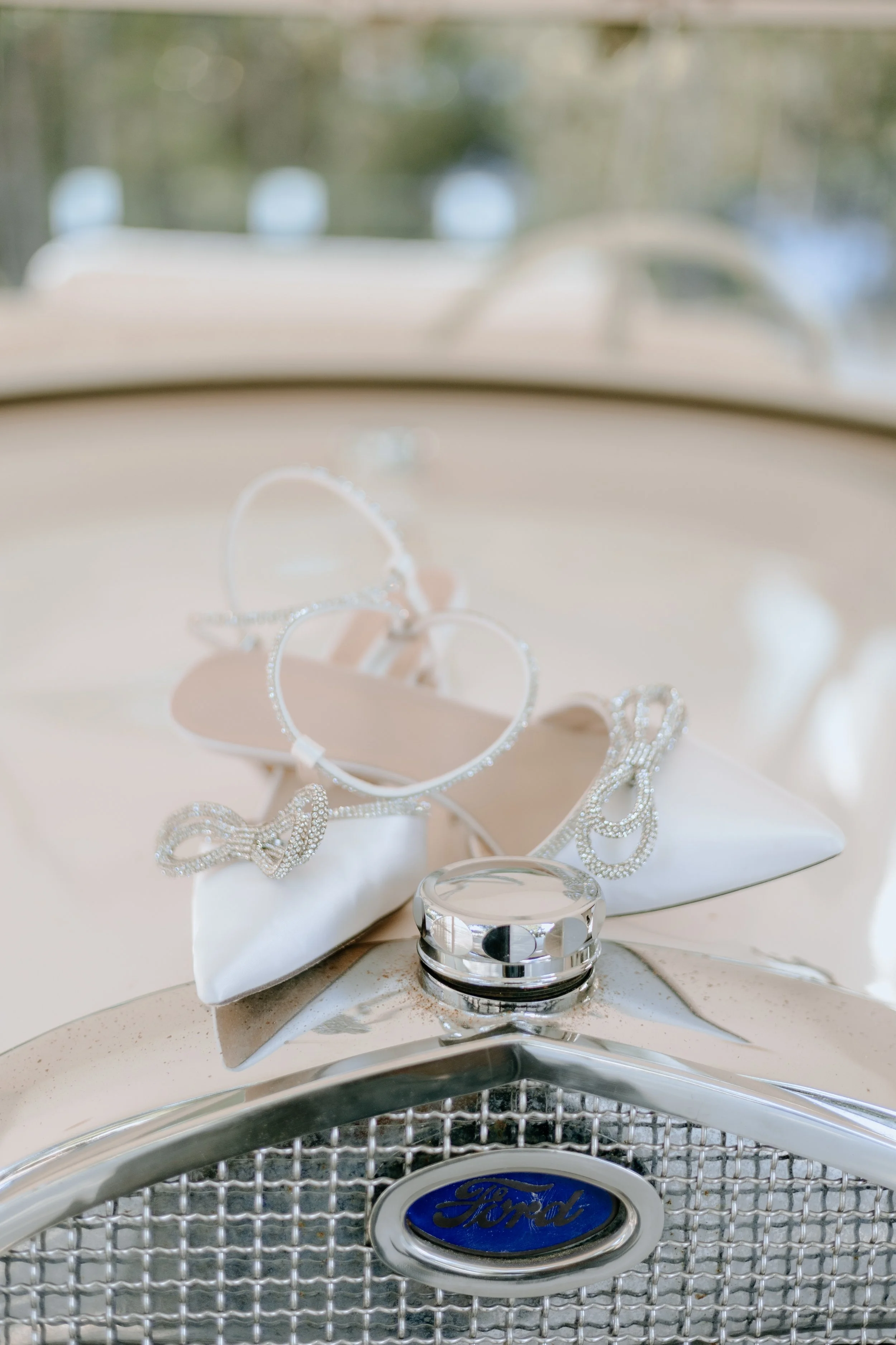 Houston & Texas Family, Couples, Newborn, Maternity, Bridal Photography – Bridal shoes on vintage car, Peach Orchard Venue details.