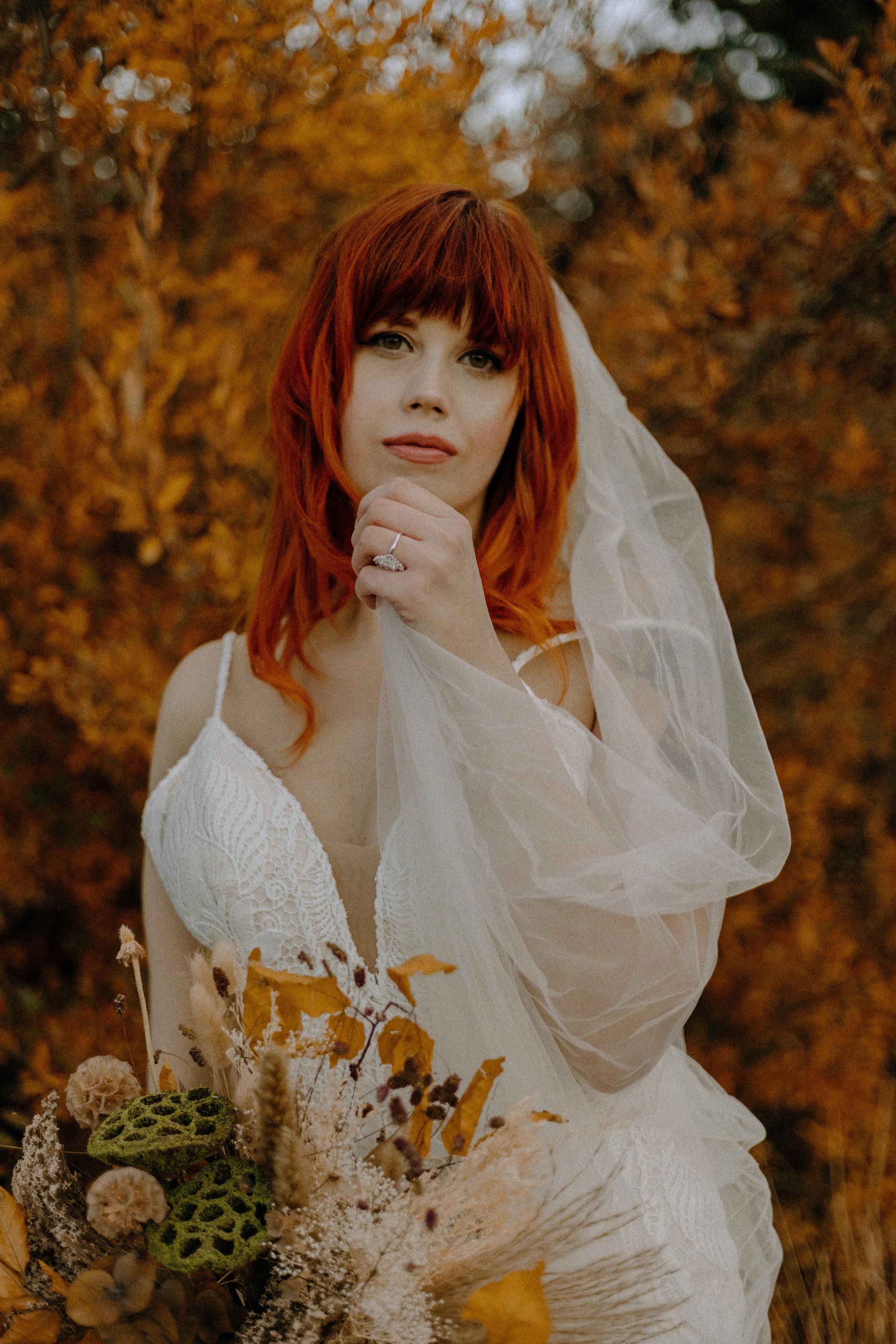 Houston & Texas Wedding & Elopement Photography – Bride posing with veil spread wide in Echo Lake Colorado forest.
