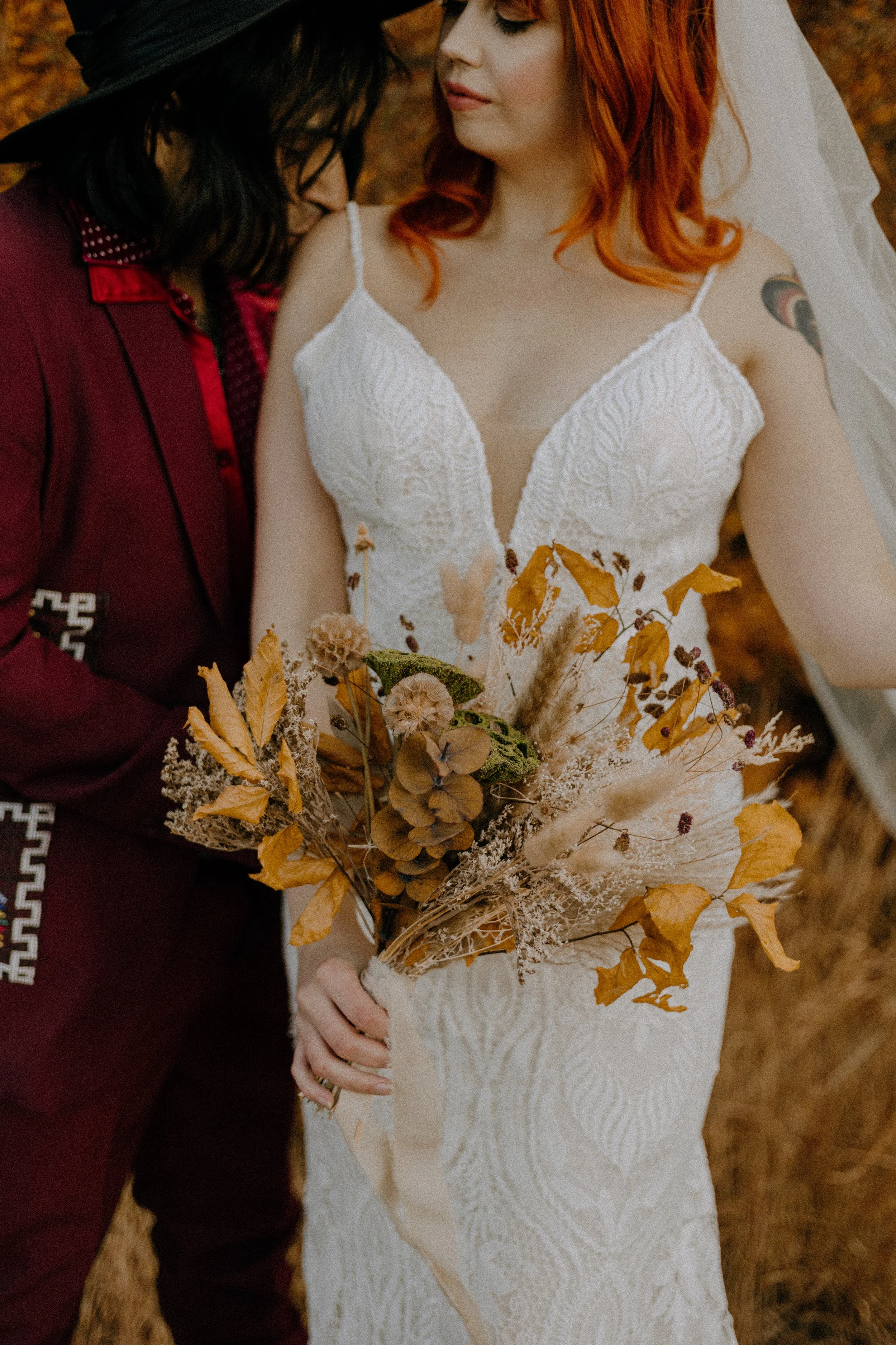 Houston & Texas Wedding & Elopement Photography – Bride holding bouquet close up with groom beside her, Echo Lake Colorado.