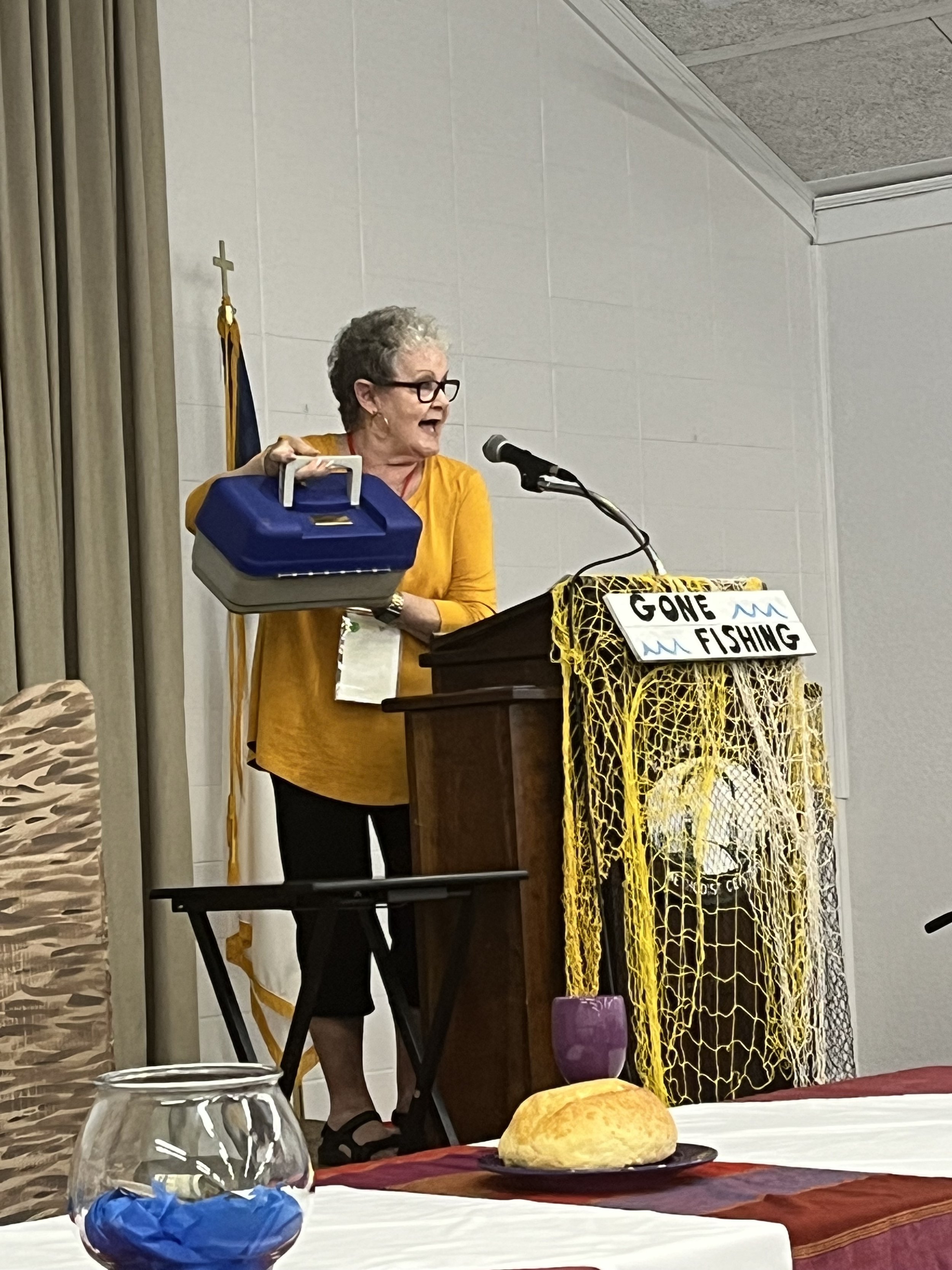 Rev. Nancy Oliver preached on Sunday morning from John 21:1-14, with her tackle box to make a point