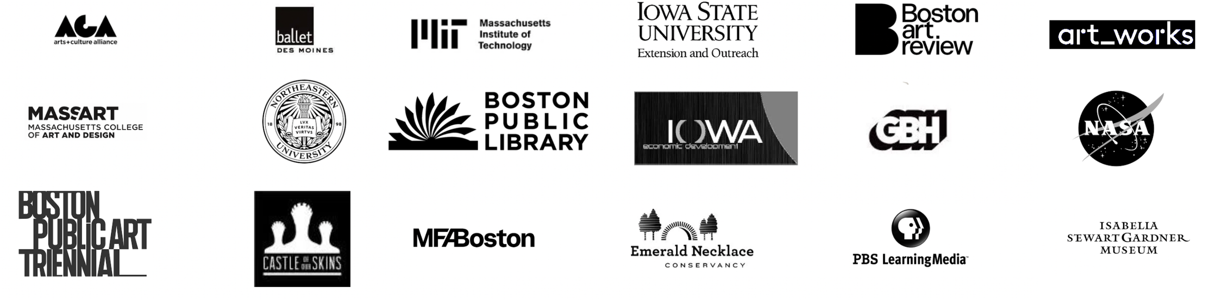 A collection of black and white logos of various organizations, including arts, education, and government institutions.