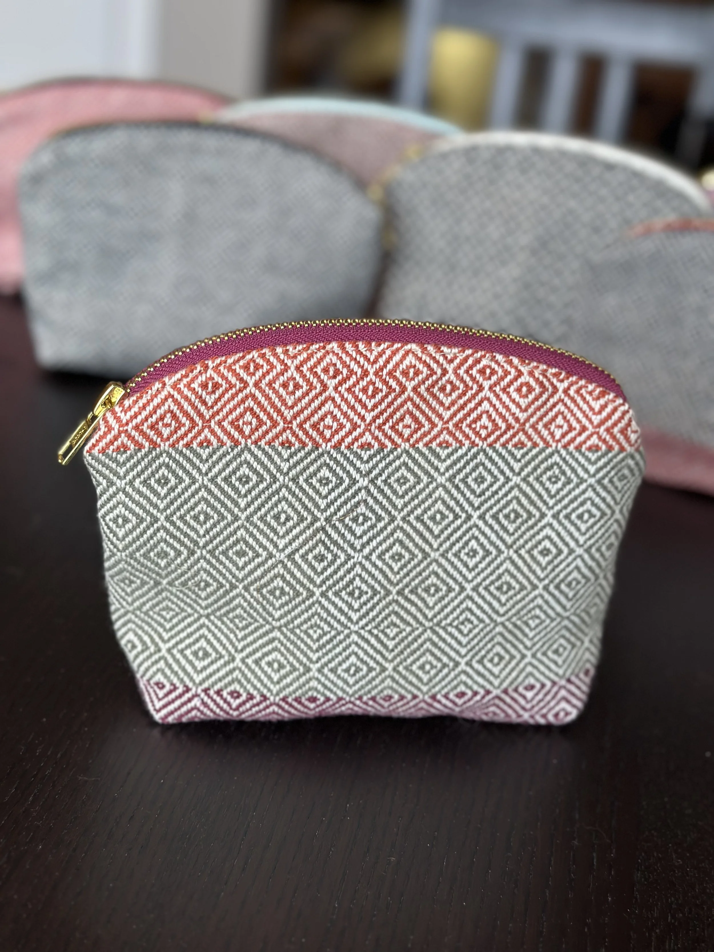 Zipper pouch bergundy green and orabe with bergundy zipper