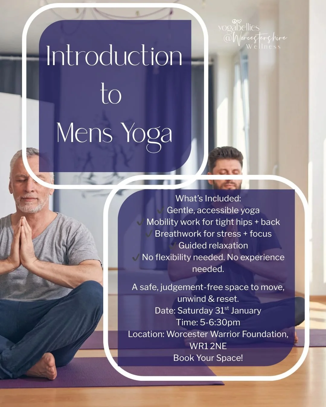 New to yoga? Curious but not quite sure where to start? This one&rsquo;s for you.

Join us for a 1.5hr Introduction to Men&rsquo;s Yoga. A relaxed, no-pressure session where you&rsquo;ll move, stretch, breathe and switch off (without needing to touch