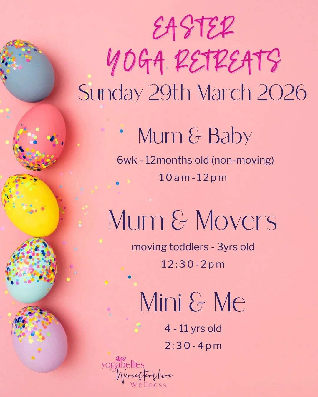 🐣 Easter Yoga Retreats are back!

Our family sessions are some of the happiest events I run. They are super relaxed and a chance to properly slow down and spend quality time together.

We have three sessions on the day at the Masonic Centre in Worce