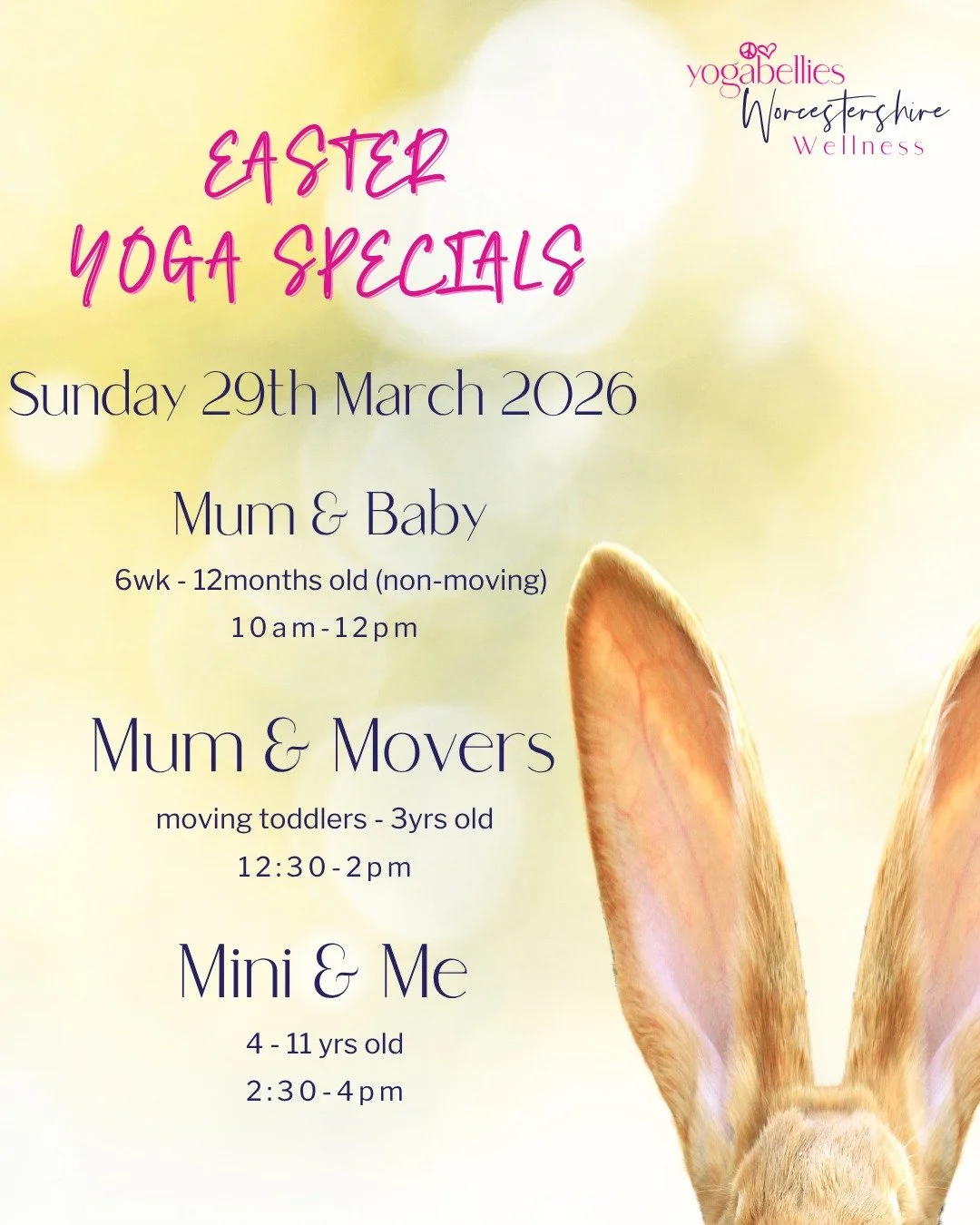 🐣 Last few spaces remaining for Sunday's Easter Yoga Retreats!

If you've been thinking about it, this is your sign 💗

We have three beautiful sessions running this Sunday at Worcester Masonic Hall:
🌸 Mum &amp; Baby - 6 weeks to 12 months | 10am &