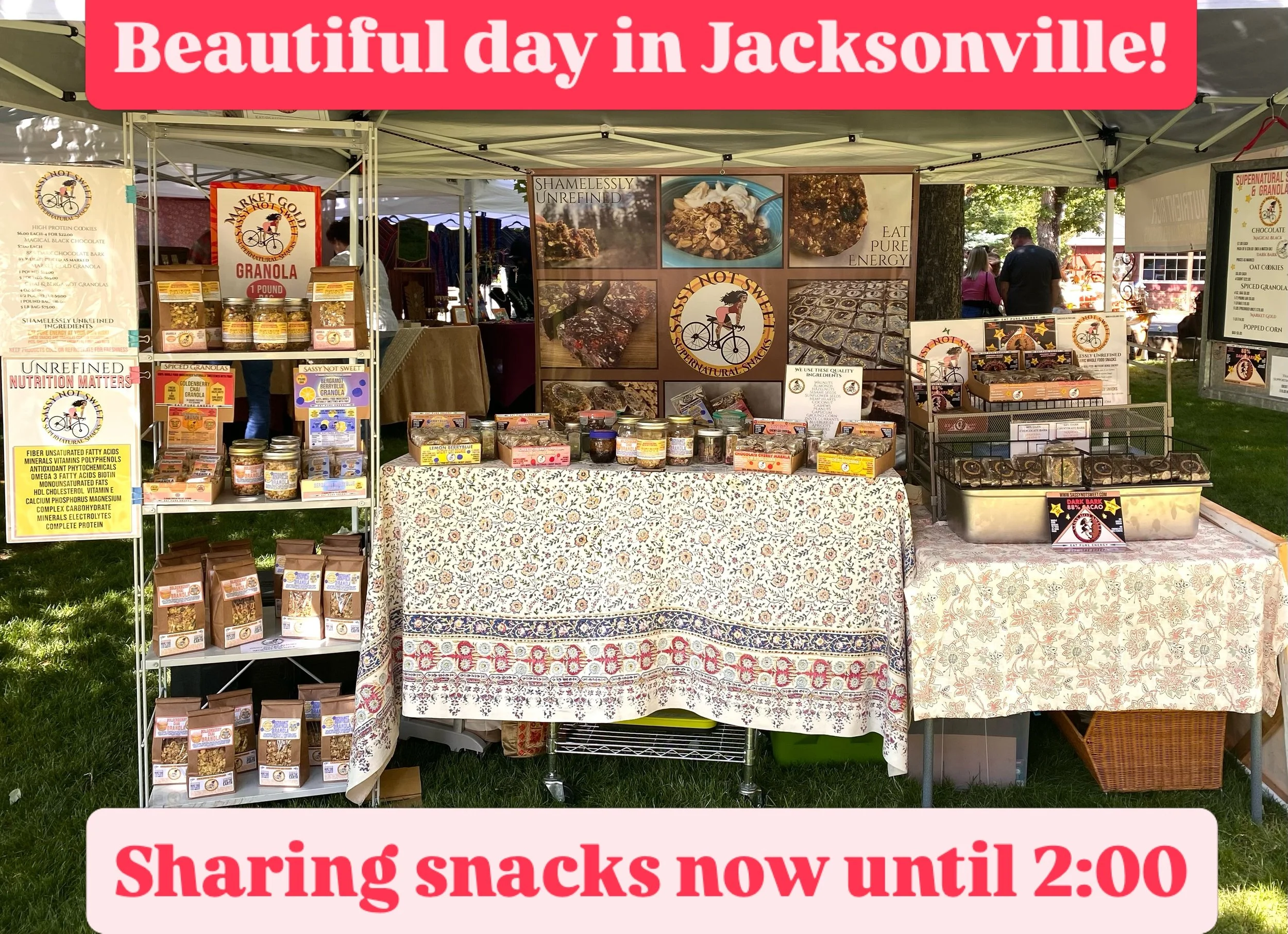 @jacksonvillesundaymarket 
Music, food, art and friends in community!
9-2:00 every week!
@sassynotsweet 
#healthysnacks 
#noaddedsugars #highproteinsnacks 
#healthfoodies #norefinedcarbs